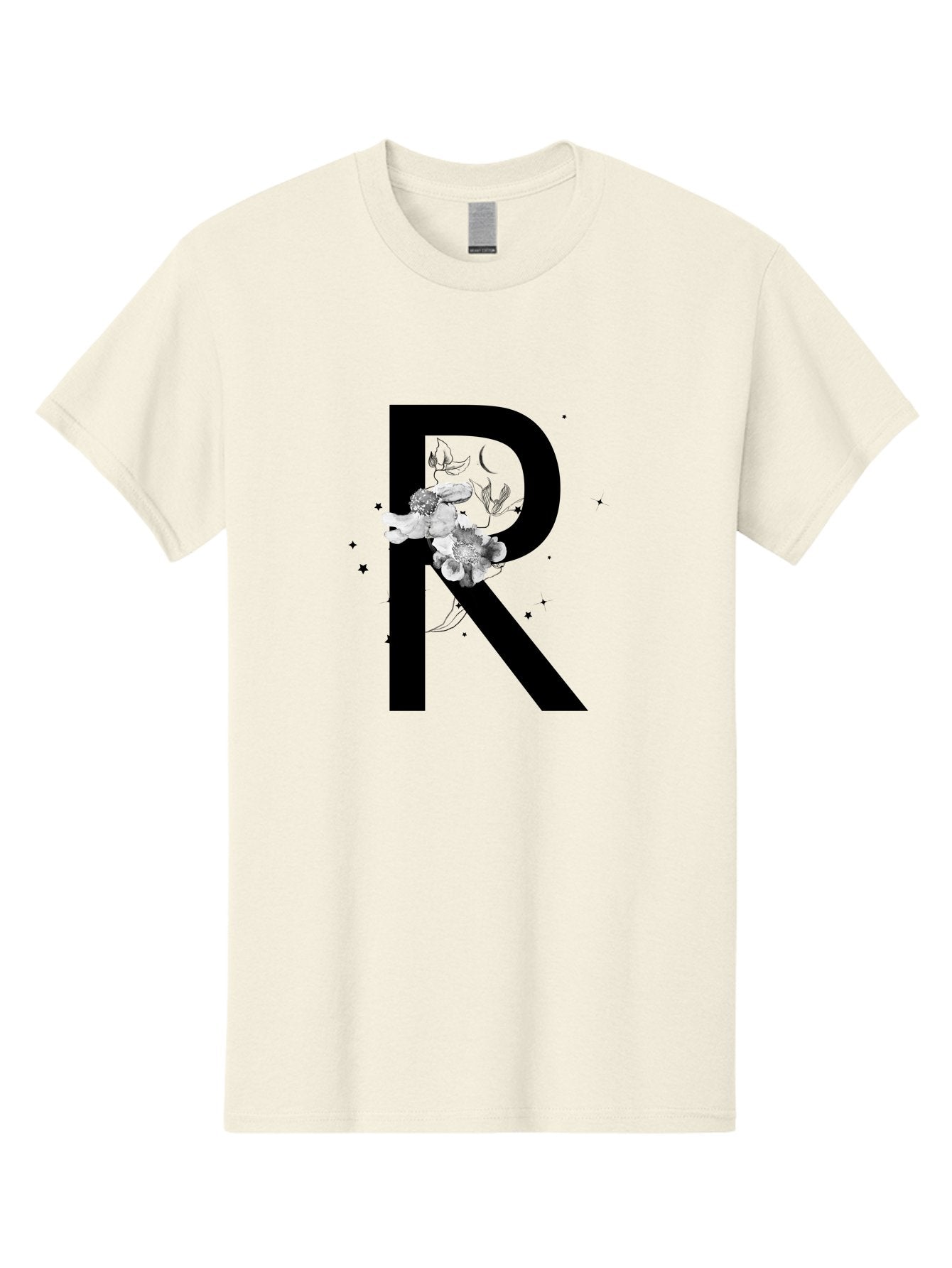 R Men'S Graphic Tee, 100% Cotton, Comfortable Casual Summer Wear, Machine Washable, Black Letter R, Floral Design, White Flowers, Botanical Elements, Moon Phase, Stars, Elegant Typography, Decorative Art, Lettering, Feminine Touch, Aac345 12