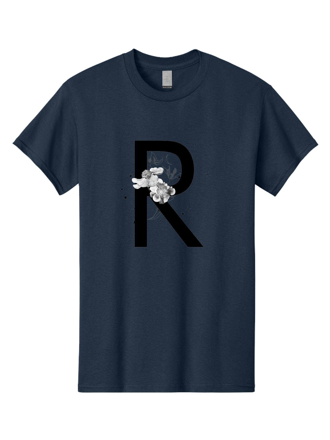 R Men'S Graphic Tee, 100% Cotton, Comfortable Casual Summer Wear, Machine Washable, Black Letter R, Floral Design, White Flowers, Botanical Elements, Moon Phase, Stars, Elegant Typography, Decorative Art, Lettering, Feminine Touch, Aac345 7