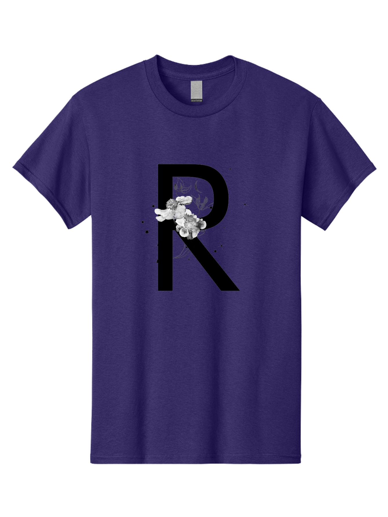 R Men'S Graphic Tee, 100% Cotton, Comfortable Casual Summer Wear, Machine Washable, Black Letter R, Floral Design, White Flowers, Botanical Elements, Moon Phase, Stars, Elegant Typography, Decorative Art, Lettering, Feminine Touch, Aac345 17