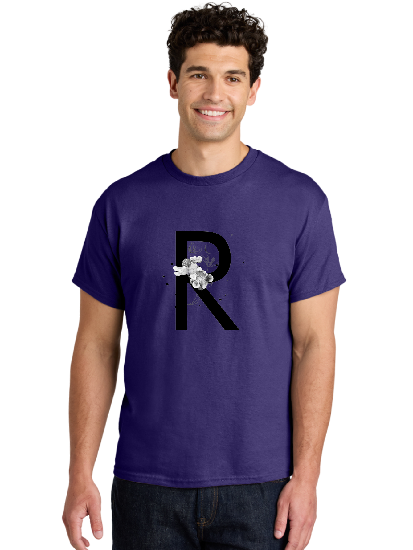 R Men'S Graphic Tee, 100% Cotton, Comfortable Casual Summer Wear, Machine Washable, Black Letter R, Floral Design, White Flowers, Botanical Elements, Moon Phase, Stars, Elegant Typography, Decorative Art, Lettering, Feminine Touch, Aac345 18