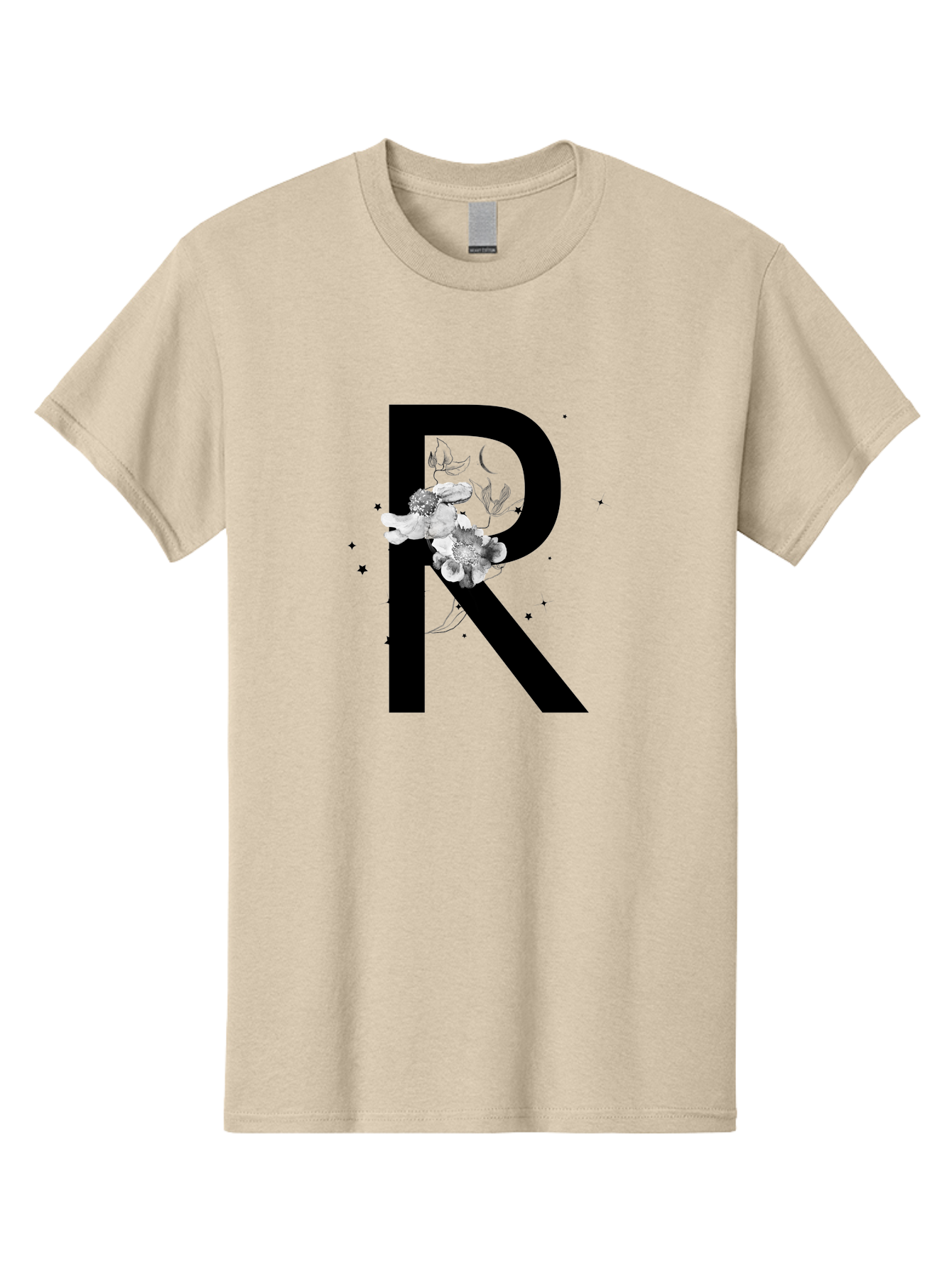 R Men'S Graphic Tee, 100% Cotton, Comfortable Casual Summer Wear, Machine Washable, Black Letter R, Floral Design, White Flowers, Botanical Elements, Moon Phase, Stars, Elegant Typography, Decorative Art, Lettering, Feminine Touch, Aac345 15