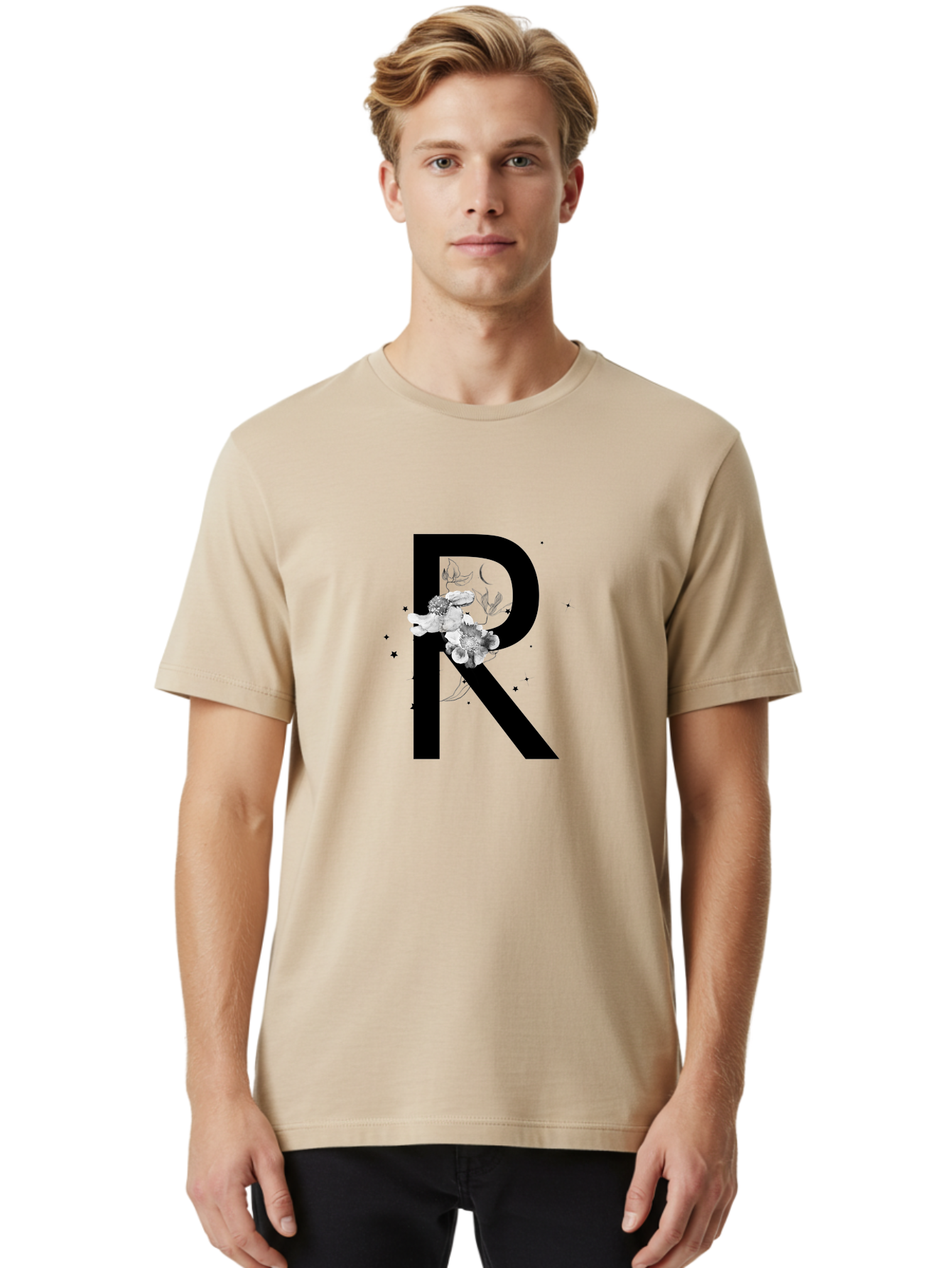 R Men'S Graphic Tee, 100% Cotton, Comfortable Casual Summer Wear, Machine Washable, Black Letter R, Floral Design, White Flowers, Botanical Elements, Moon Phase, Stars, Elegant Typography, Decorative Art, Lettering, Feminine Touch, Aac345 16