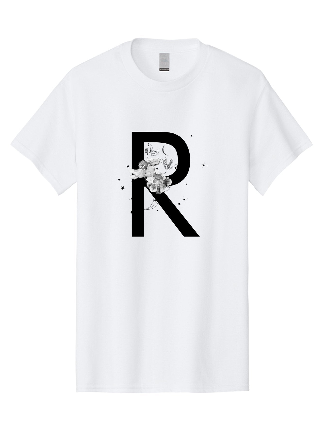 R Men'S Graphic Tee, 100% Cotton, Comfortable Casual Summer Wear, Machine Washable, Black Letter R, Floral Design, White Flowers, Botanical Elements, Moon Phase, Stars, Elegant Typography, Decorative Art, Lettering, Feminine Touch, Aac345 9