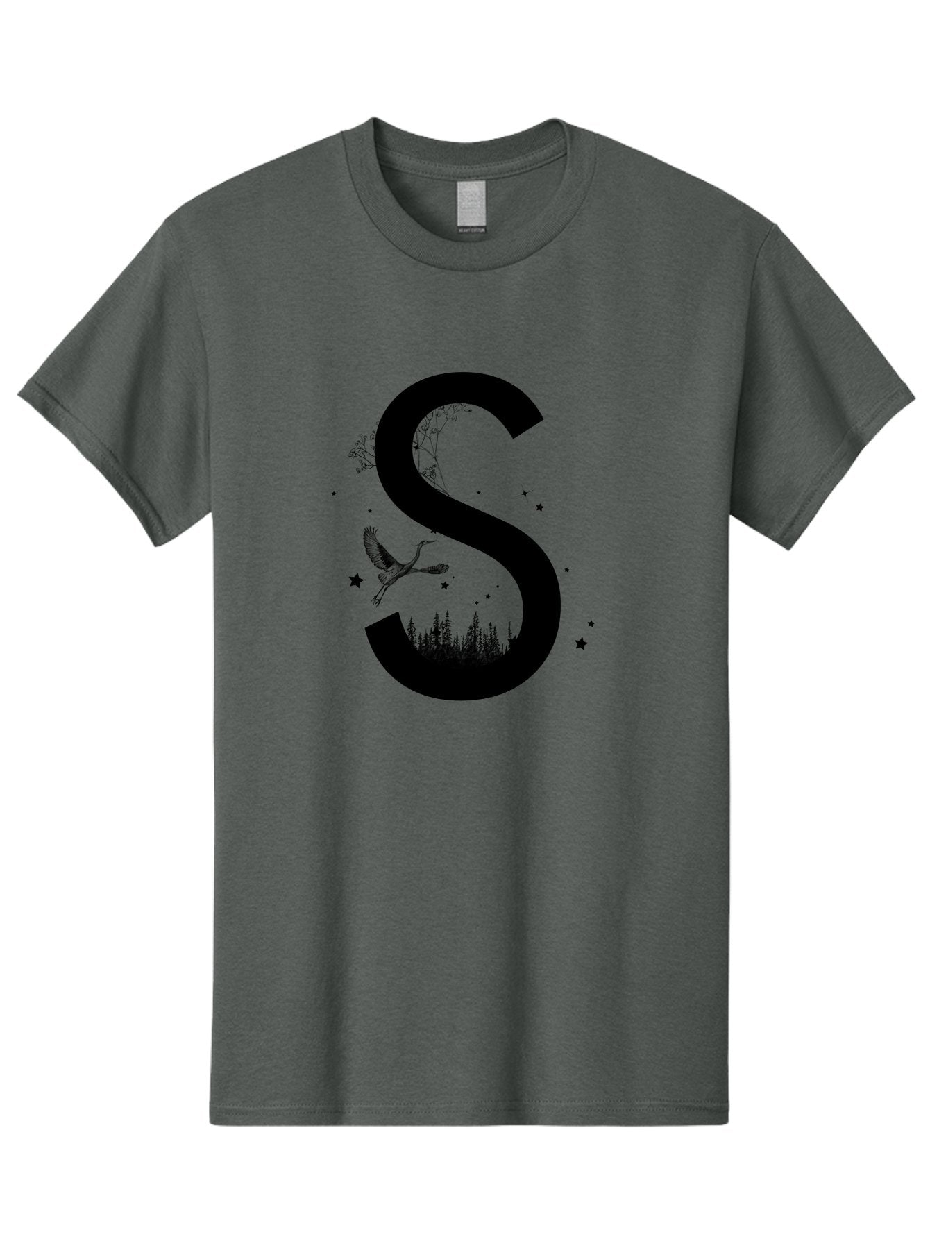 S Men'S Graphic Tee, 100% Cotton, Comfortable Casual Summer Wear, Machine Washable, Stylized Letter S, Witch On A Broomstick, Forest Landscape, Flying Bird, Mystical Stars, Whimsical Design, Fantasy Elements, Magical Atmosphere, Aac348 6