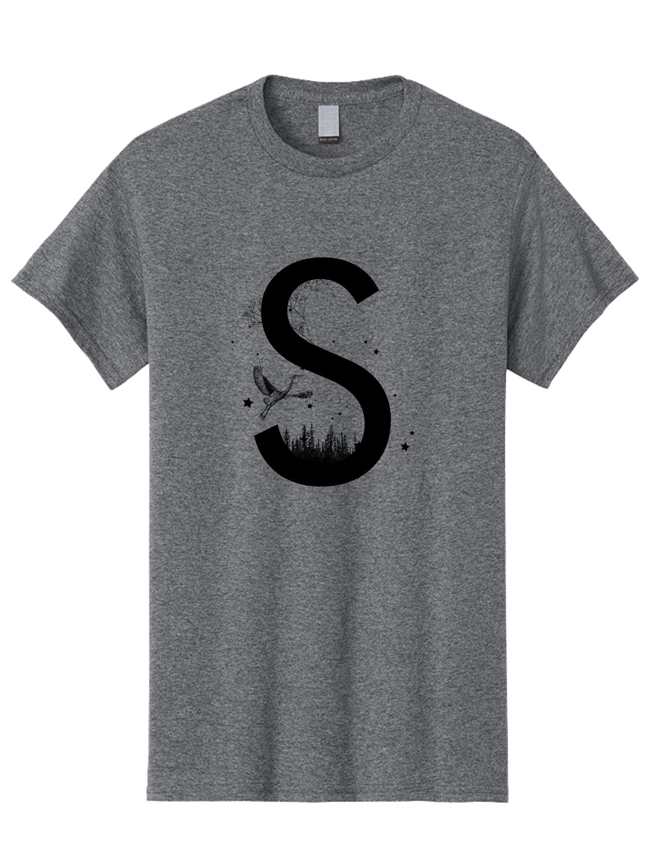 S Men'S Graphic Tee, 100% Cotton, Comfortable Casual Summer Wear, Machine Washable, Stylized Letter S, Witch On A Broomstick, Forest Landscape, Flying Bird, Mystical Stars, Whimsical Design, Fantasy Elements, Magical Atmosphere, Aac348