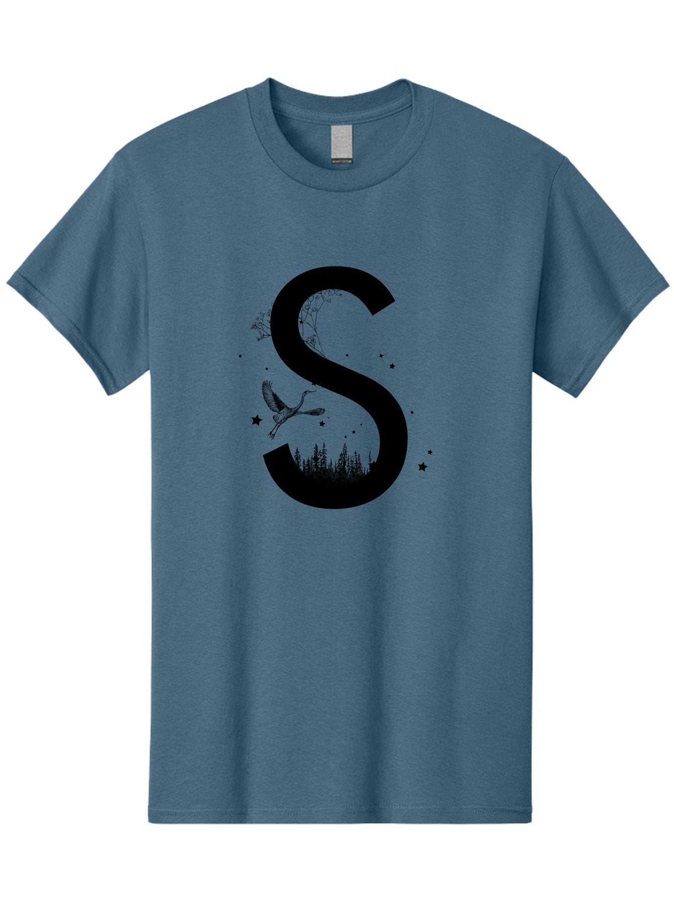 S Men'S Graphic Tee, 100% Cotton, Comfortable Casual Summer Wear, Machine Washable, Stylized Letter S, Witch On A Broomstick, Forest Landscape, Flying Bird, Mystical Stars, Whimsical Design, Fantasy Elements, Magical Atmosphere, Aac348 9