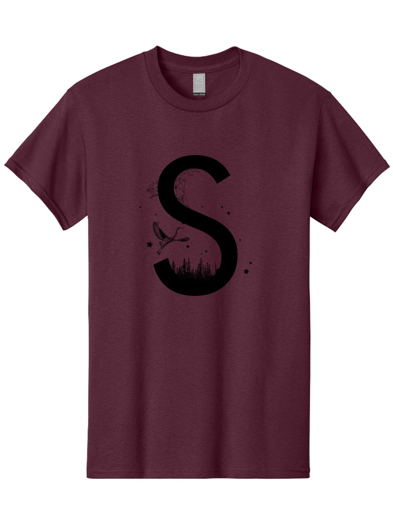 S Men'S Graphic Tee, 100% Cotton, Comfortable Casual Summer Wear, Machine Washable, Stylized Letter S, Witch On A Broomstick, Forest Landscape, Flying Bird, Mystical Stars, Whimsical Design, Fantasy Elements, Magical Atmosphere, Aac348 7