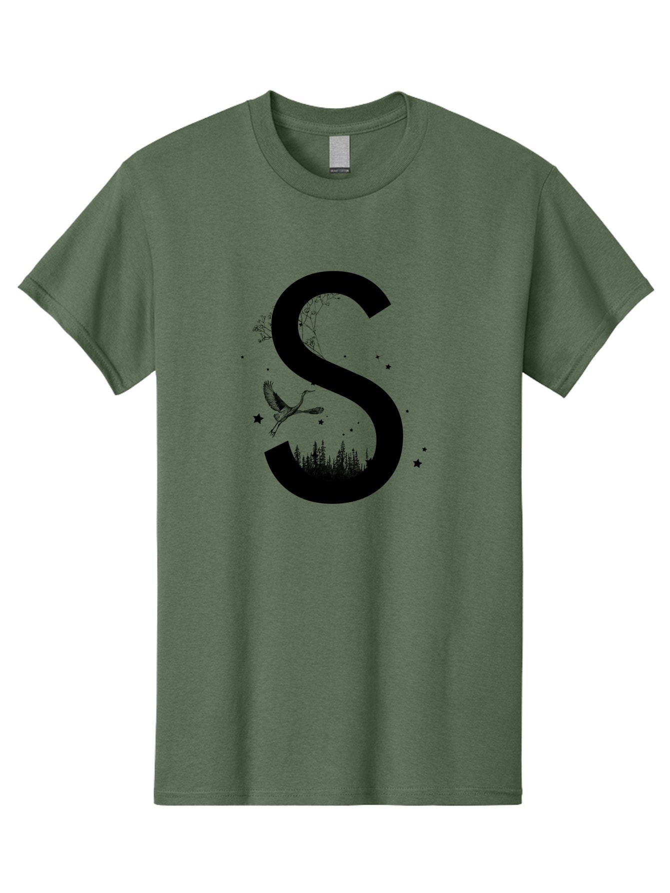 S Men'S Graphic Tee, 100% Cotton, Comfortable Casual Summer Wear, Machine Washable, Stylized Letter S, Witch On A Broomstick, Forest Landscape, Flying Bird, Mystical Stars, Whimsical Design, Fantasy Elements, Magical Atmosphere, Aac348 5