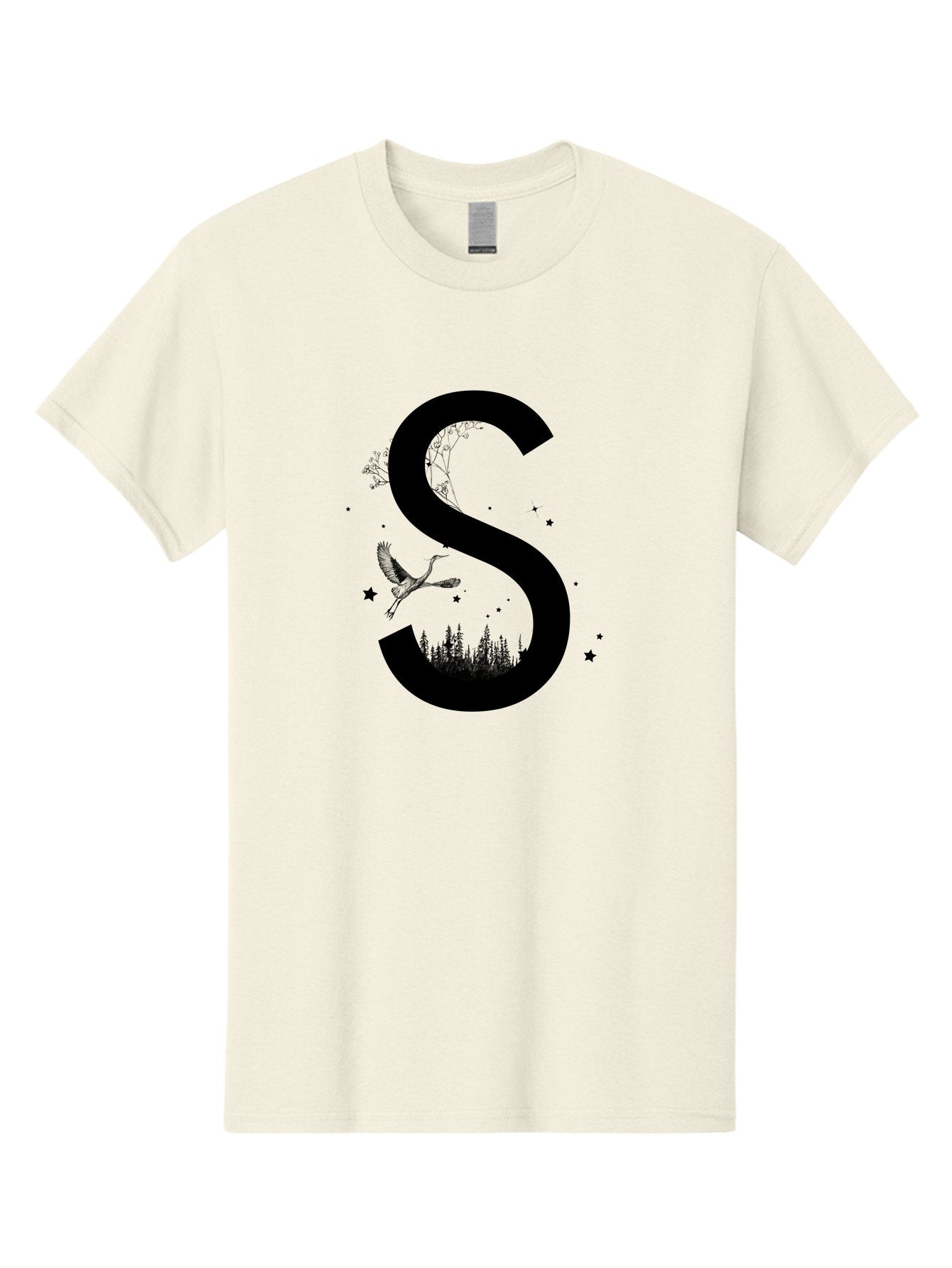 S Men'S Graphic Tee, 100% Cotton, Comfortable Casual Summer Wear, Machine Washable, Stylized Letter S, Witch On A Broomstick, Forest Landscape, Flying Bird, Mystical Stars, Whimsical Design, Fantasy Elements, Magical Atmosphere, Aac348 11