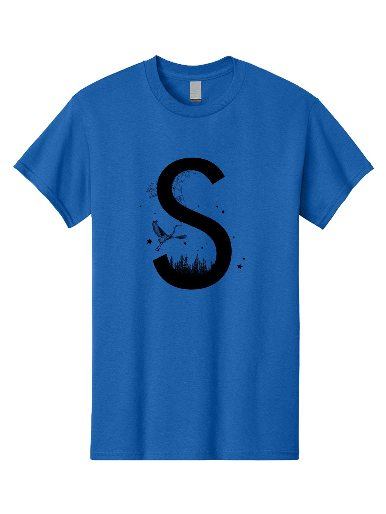 S Men'S Graphic Tee, 100% Cotton, Comfortable Casual Summer Wear, Machine Washable, Stylized Letter S, Witch On A Broomstick, Forest Landscape, Flying Bird, Mystical Stars, Whimsical Design, Fantasy Elements, Magical Atmosphere, Aac348 15