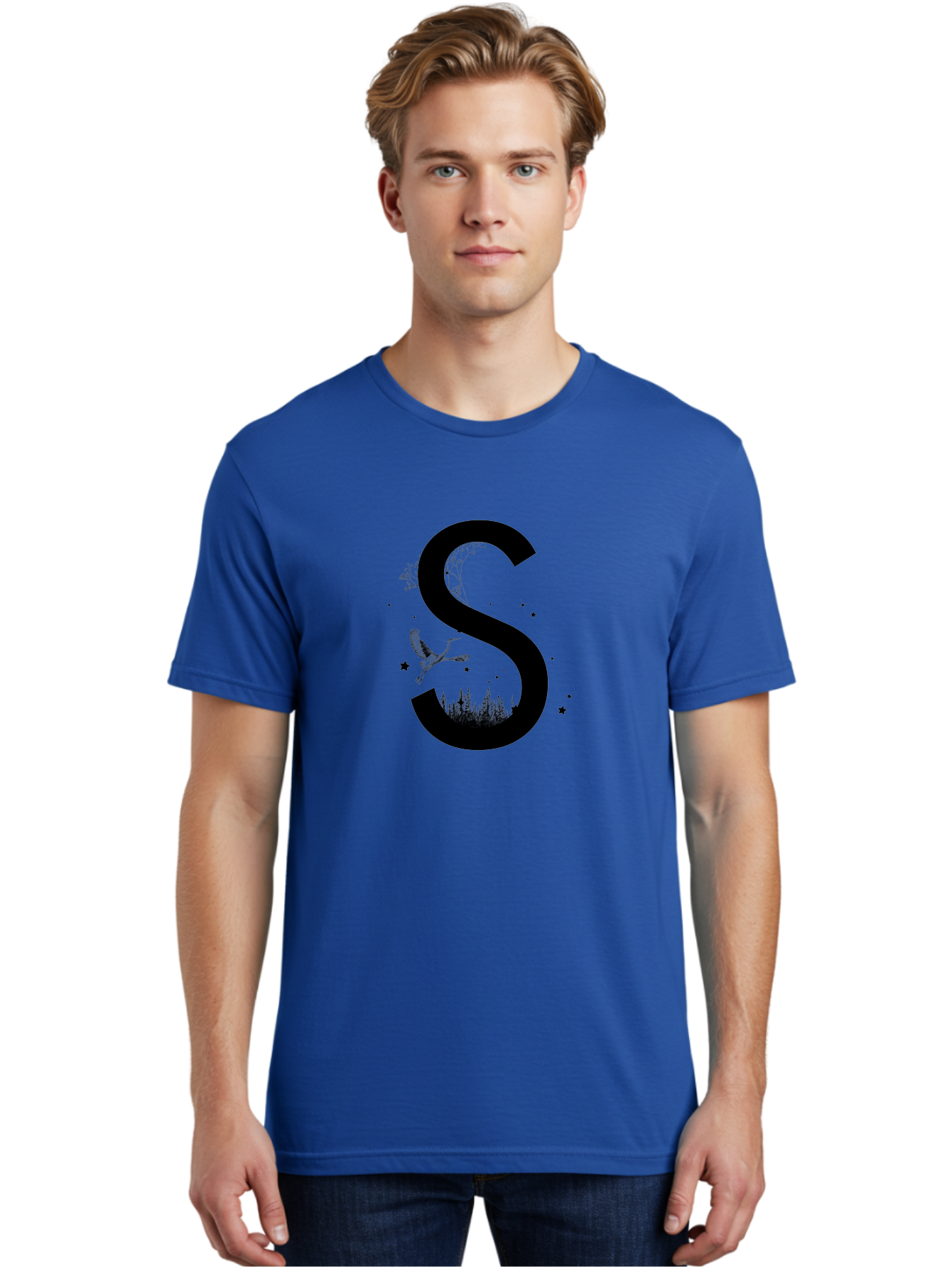S Men'S Graphic Tee, 100% Cotton, Comfortable Casual Summer Wear, Machine Washable, Stylized Letter S, Witch On A Broomstick, Forest Landscape, Flying Bird, Mystical Stars, Whimsical Design, Fantasy Elements, Magical Atmosphere, Aac348