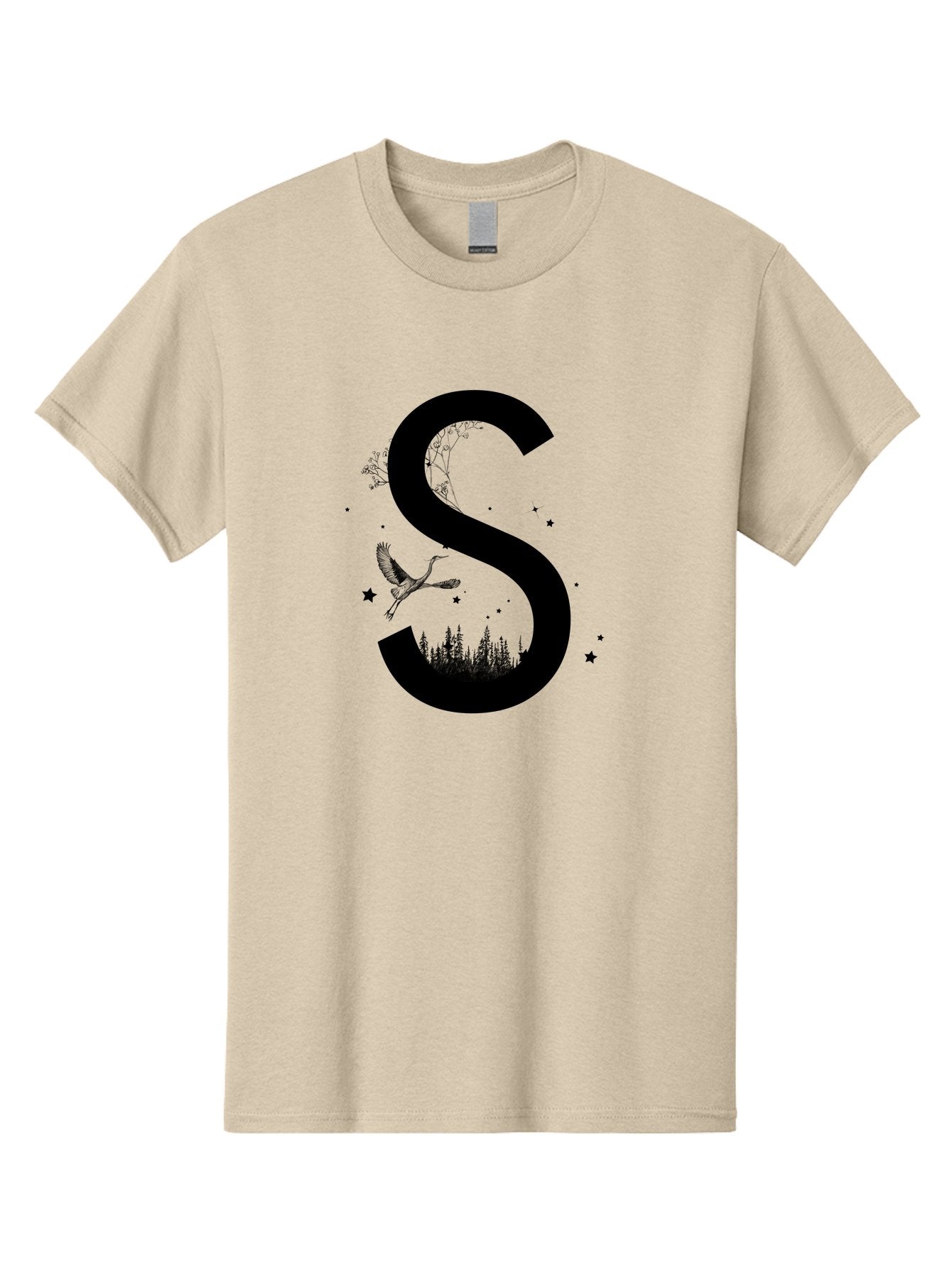 S Men'S Graphic Tee, 100% Cotton, Comfortable Casual Summer Wear, Machine Washable, Stylized Letter S, Witch On A Broomstick, Forest Landscape, Flying Bird, Mystical Stars, Whimsical Design, Fantasy Elements, Magical Atmosphere, Aac348 3