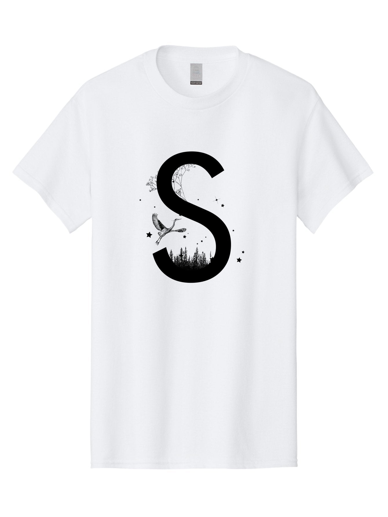 S Men'S Graphic Tee, 100% Cotton, Comfortable Casual Summer Wear, Machine Washable, Stylized Letter S, Witch On A Broomstick, Forest Landscape, Flying Bird, Mystical Stars, Whimsical Design, Fantasy Elements, Magical Atmosphere, Aac348