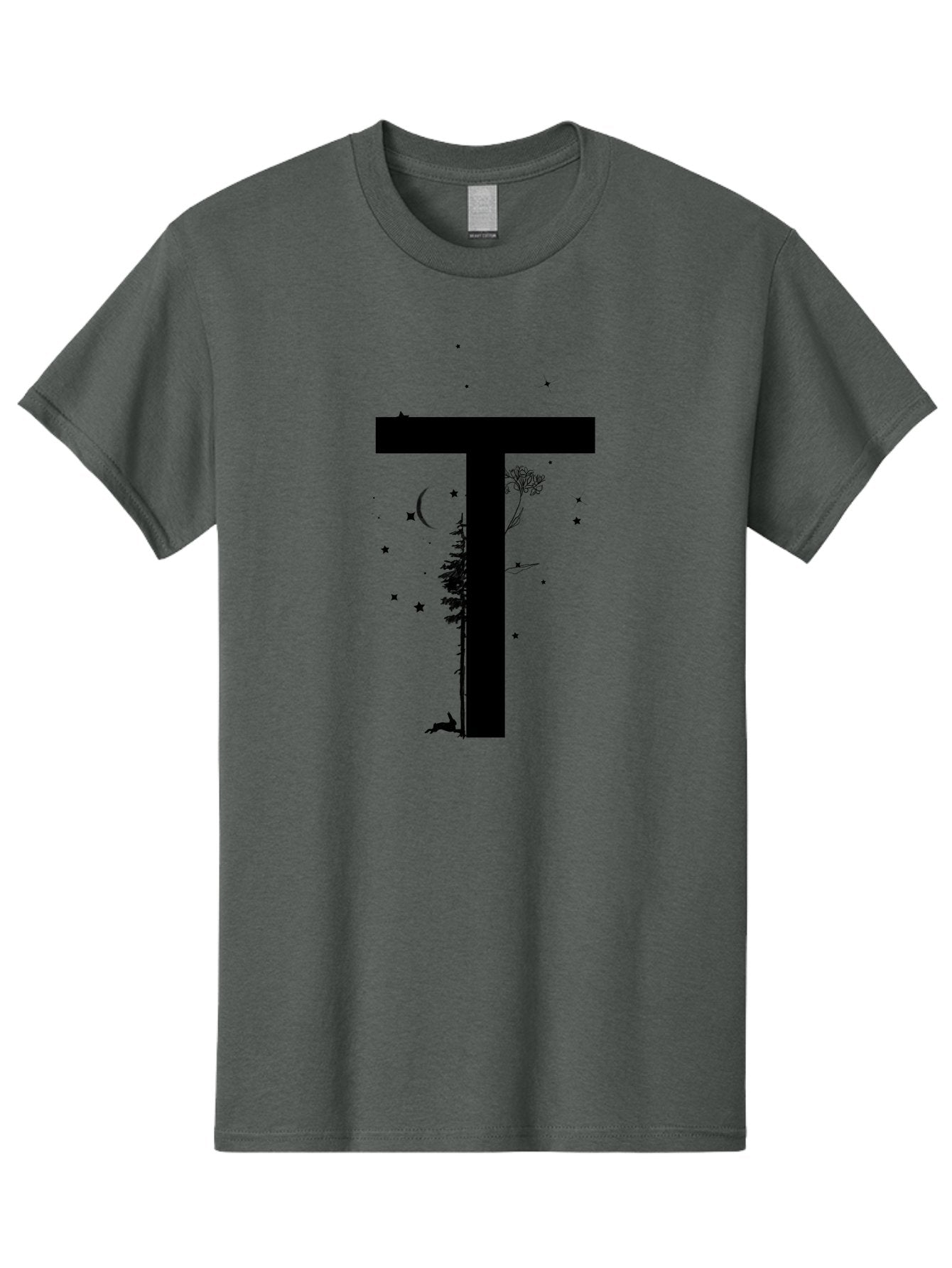 T Men'S Graphic Tee, 100% Cotton, Comfortable Casual Summer Wear, Machine Washable, Typographic Illustration, Letter T, Nature-Inspired Design, Trees, Dandelion, Stars, Moon, Wildlife, Deer, Creative Typography, Fantasy Elements, Aac353 10