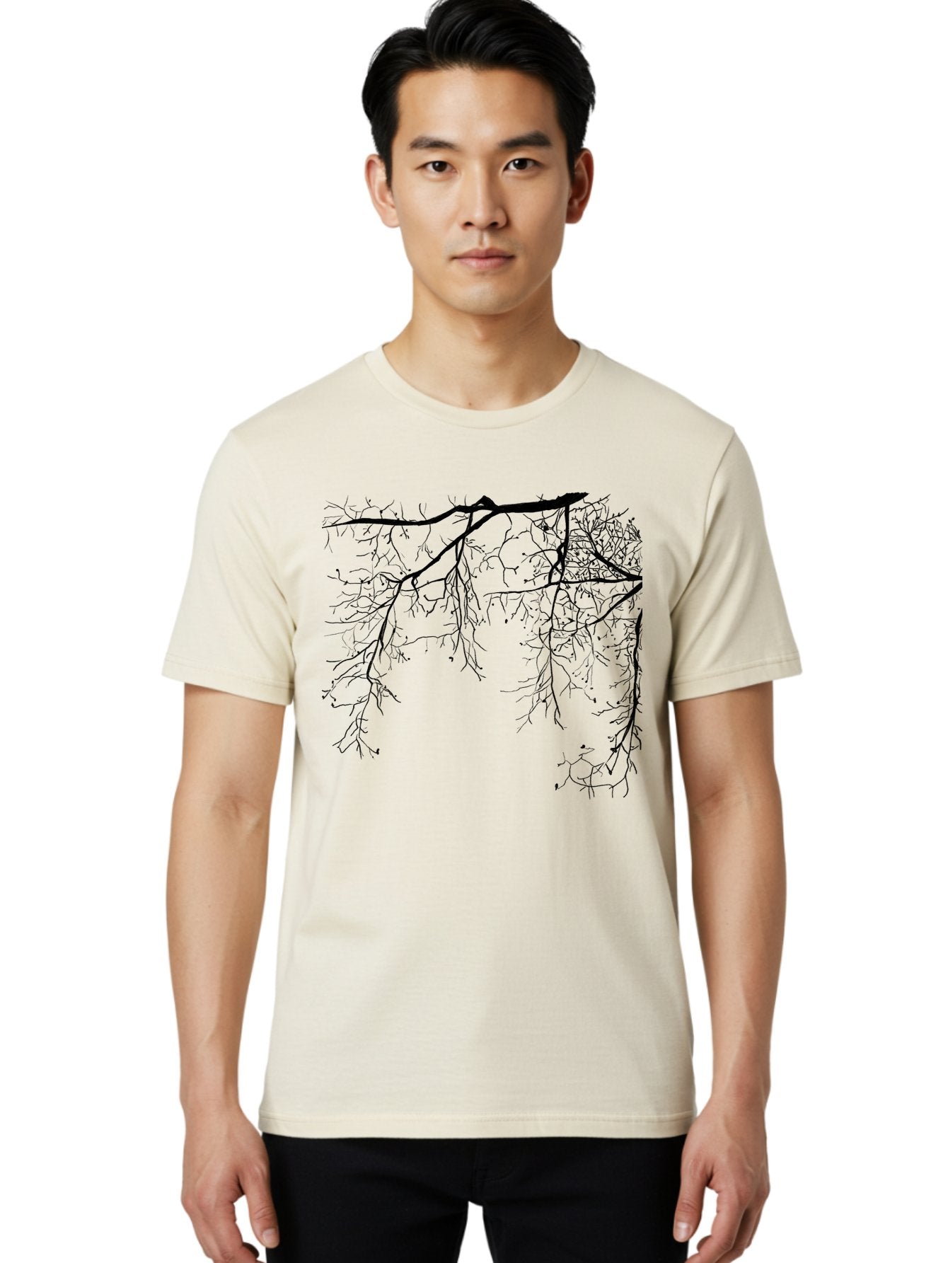 Tree-Branches Men'S Graphic Tee, 100% Cotton, Comfortable Casual Summer Wear, Machine Washable, Bare Tree Branches, Black Silhouettes, Intricate Patterns, Winter Scenery, Seasonal Change, Natural Beauty, Artistic Design Aac354 22