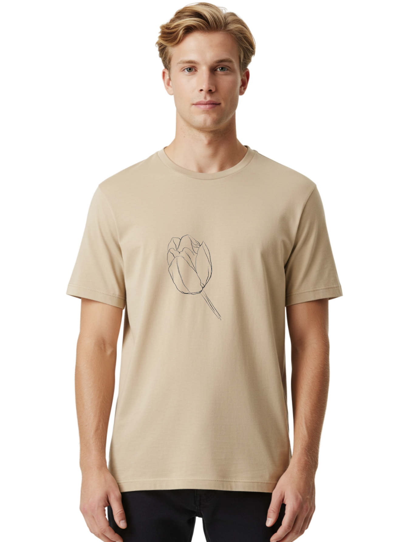 Tulip-Sketch Men'S Graphic Tee, 100% Cotton, Comfortable Casual Summer Wear, Machine Washable, Simple Line Art, Tulip Illustration, Minimalist Design, Floral Sketch, Elegant Outline, Spring Flower Aac356 4