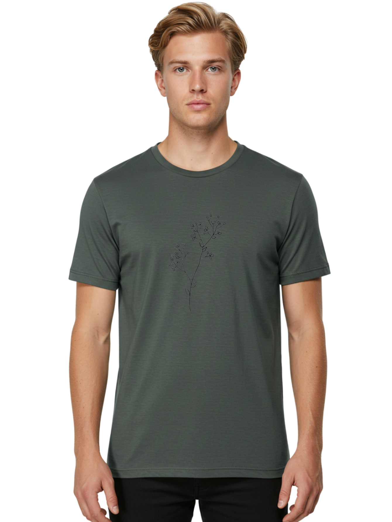 Twin-Flowering-Stem Men'S Graphic Tee, 100% Cotton, Comfortable Casual Summer Wear, Machine Washable, Simple Line Art, Minimalist Design, Floral Illustration, Delicate Flowers, Botanical Art, Elegant Stems, Leaves And Blooms, Aac357