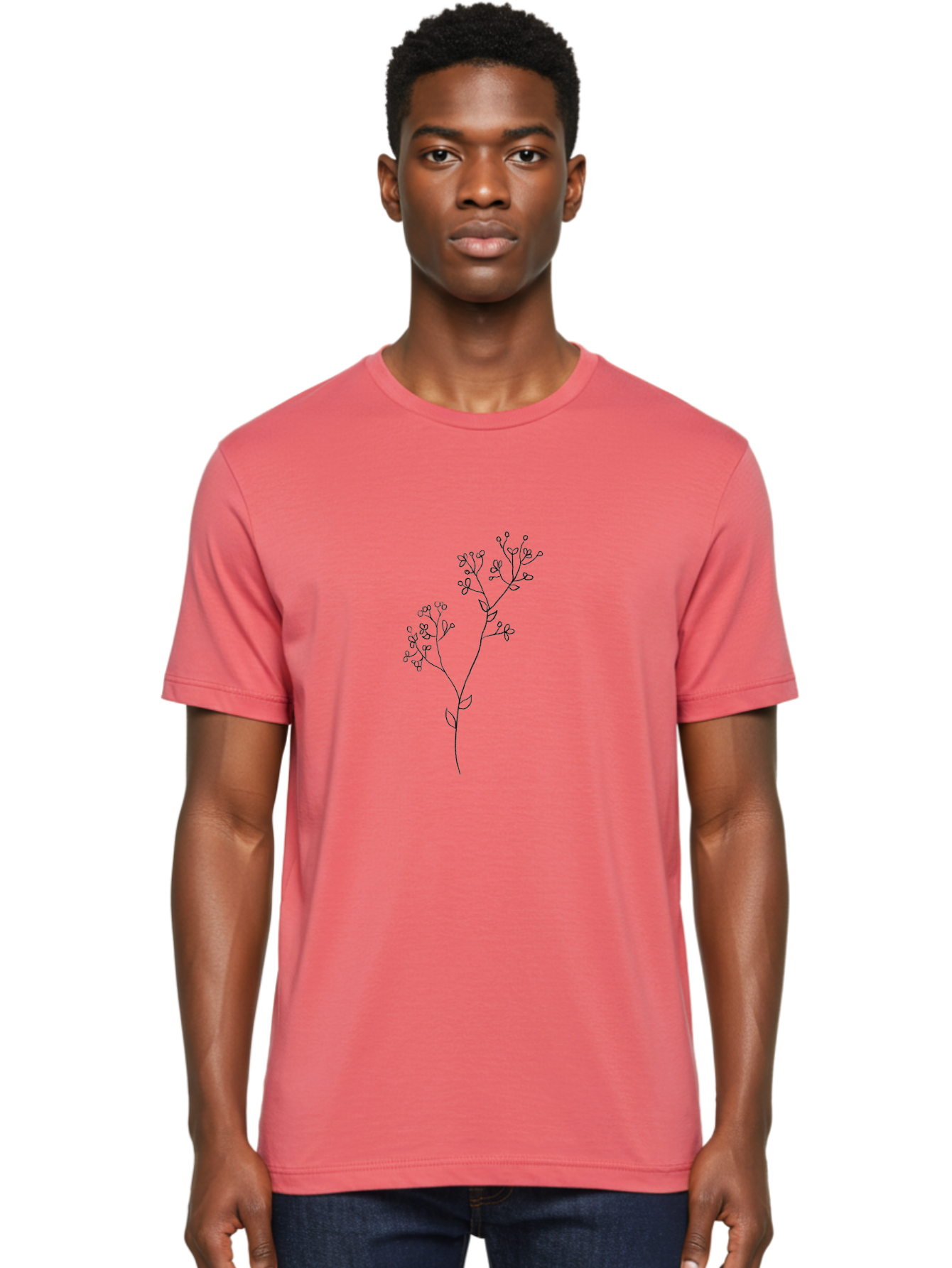 Twin-Flowering-Stem Men'S Graphic Tee, 100% Cotton, Comfortable Casual Summer Wear, Machine Washable, Simple Line Art, Minimalist Design, Floral Illustration, Delicate Flowers, Botanical Art, Elegant Stems, Leaves And Blooms, Aac357 30