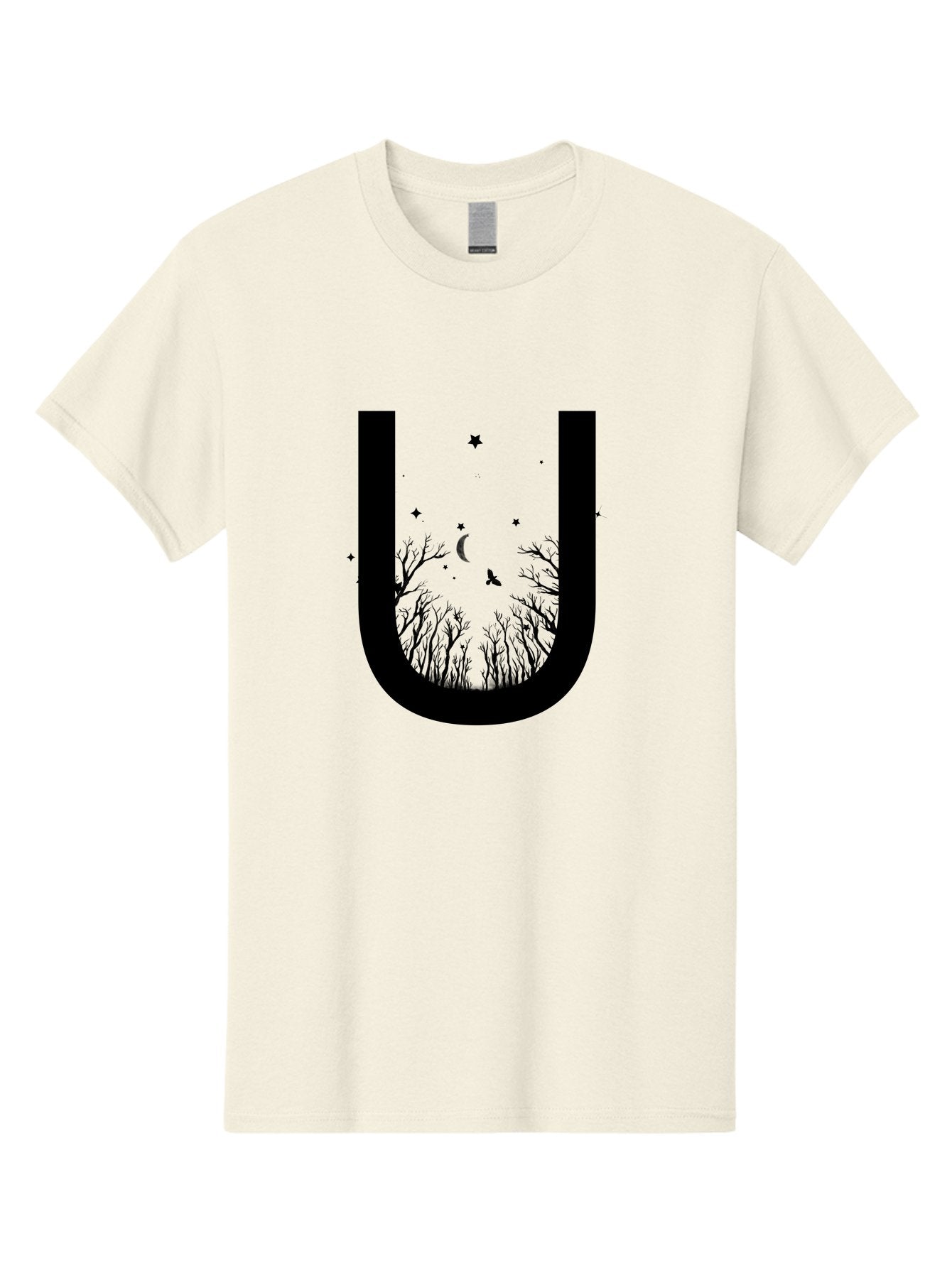 U Men'S Graphic Tee, 100% Cotton, Comfortable Casual Summer Wear, Machine Washable, Mystical Forest, Silhouette Of Trees, Crescent Moon, Starry Night Sky, Bats Flying, Magical Atmosphere, Whimsical Design, Nocturnal Scene Aac358