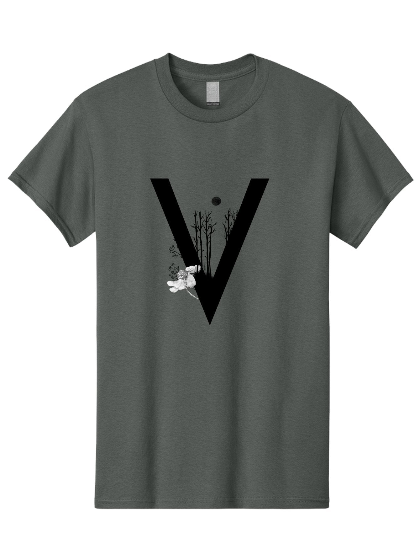 V Men'S Graphic Tee, 100% Cotton, Comfortable Casual Summer Wear, Machine Washable, Letter V, Floral Illustrations, Tree Branches, White Flowers, Dark Silhouette, Moon, Mystical Artwork, Surreal Design, Typography Art Aac359 6