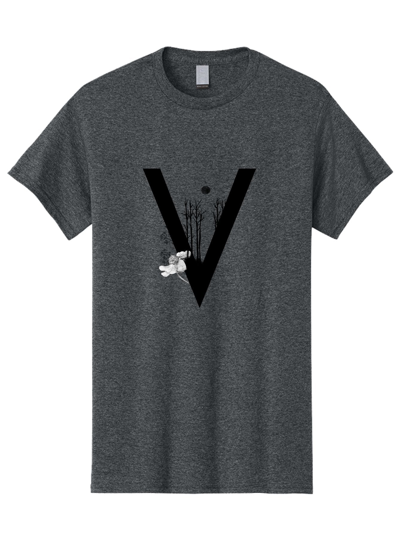 V Men'S Graphic Tee, 100% Cotton, Comfortable Casual Summer Wear, Machine Washable, Letter V, Floral Illustrations, Tree Branches, White Flowers, Dark Silhouette, Moon, Mystical Artwork, Surreal Design, Typography Art Aac359 15