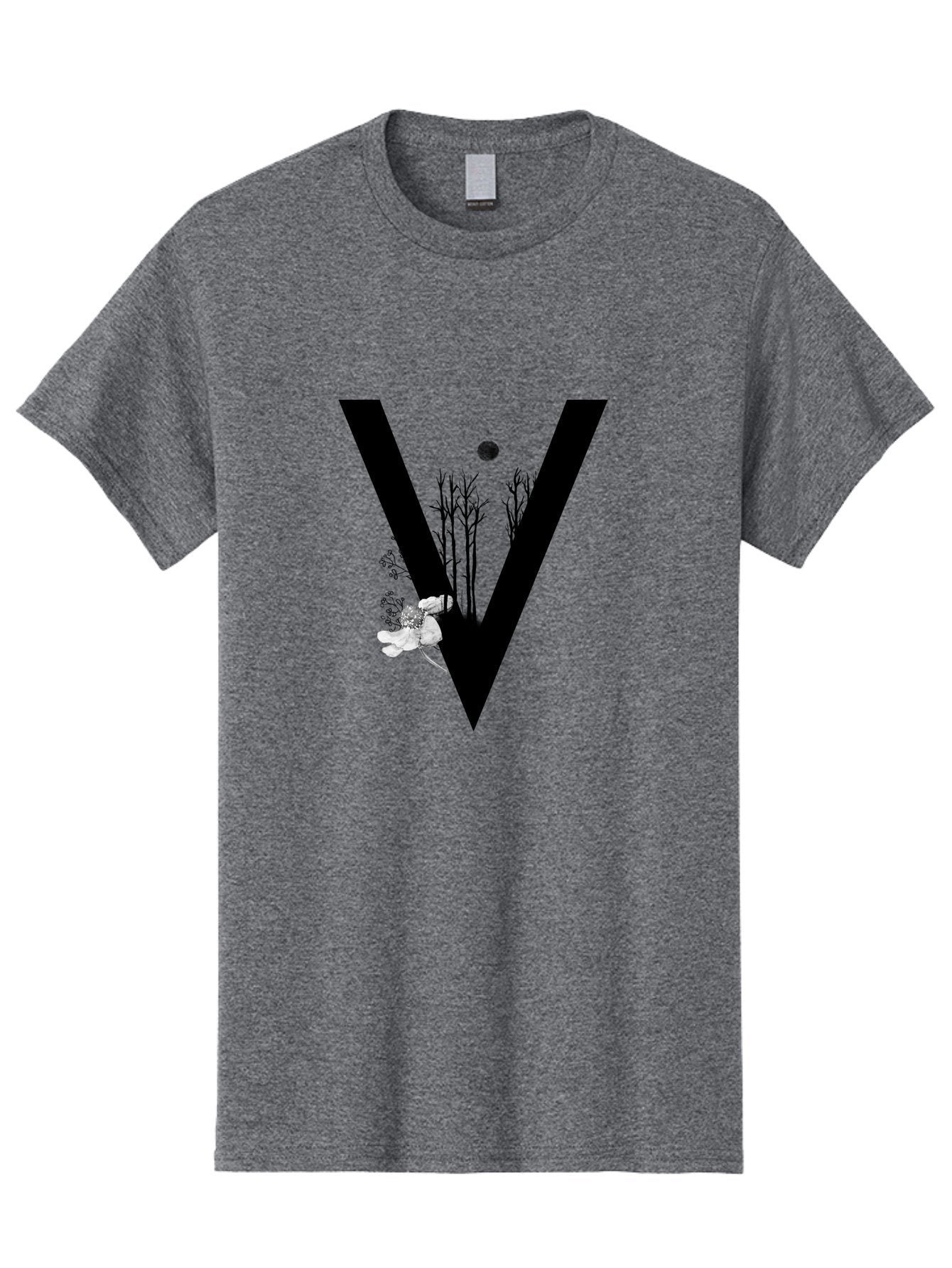 V Men'S Graphic Tee, 100% Cotton, Comfortable Casual Summer Wear, Machine Washable, Letter V, Floral Illustrations, Tree Branches, White Flowers, Dark Silhouette, Moon, Mystical Artwork, Surreal Design, Typography Art Aac359 7