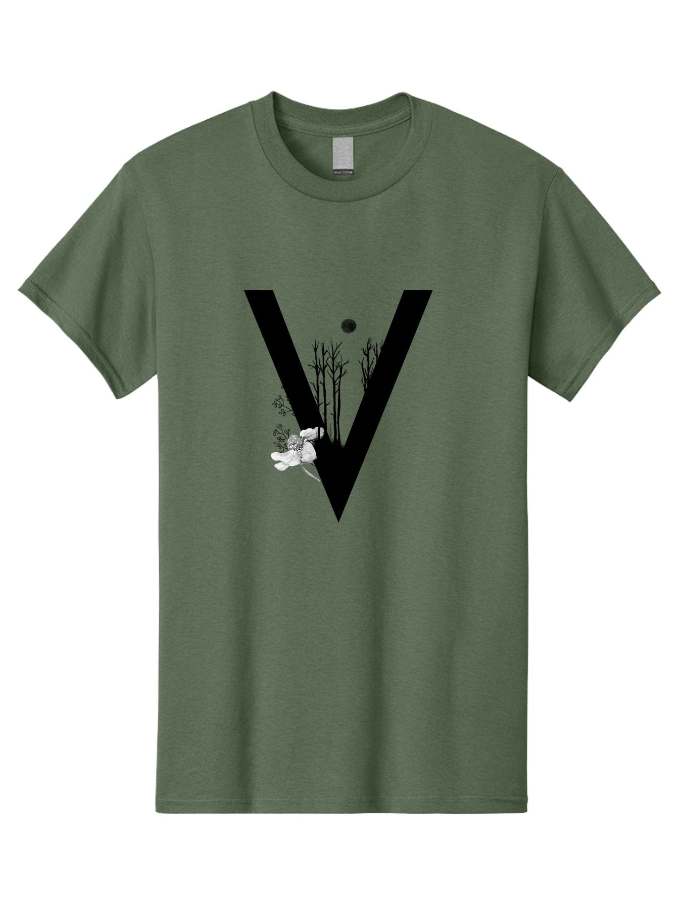 V Men'S Graphic Tee, 100% Cotton, Comfortable Casual Summer Wear, Machine Washable, Letter V, Floral Illustrations, Tree Branches, White Flowers, Dark Silhouette, Moon, Mystical Artwork, Surreal Design, Typography Art Aac359 12