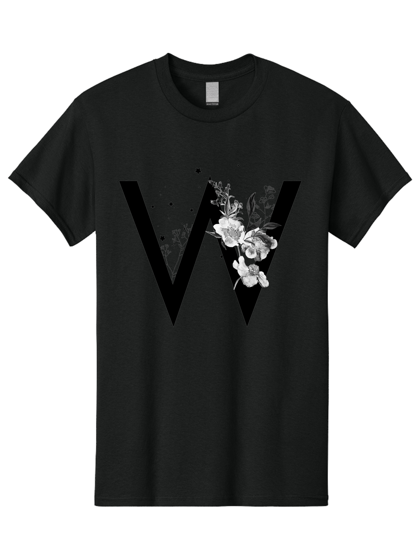 W Men'S Graphic Tee, 100% Cotton, Comfortable Casual Summer Wear, Machine Washable, Floral Letter W, Black And White Flowers, Elegant Design, Floral Theme, Typography, Artistic Lettering, Decorative Alphabet, Flowers And Stars Aac360 23