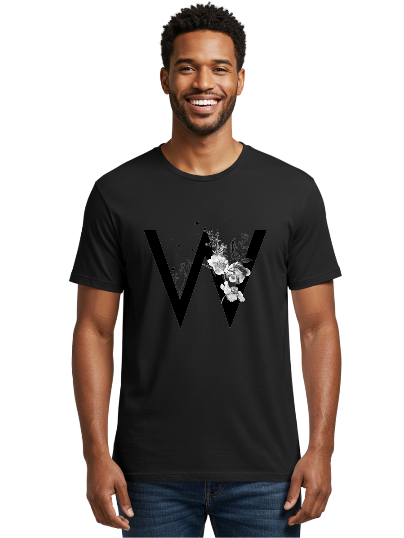 W Men'S Graphic Tee, 100% Cotton, Comfortable Casual Summer Wear, Machine Washable, Floral Letter W, Black And White Flowers, Elegant Design, Floral Theme, Typography, Artistic Lettering, Decorative Alphabet, Flowers And Stars Aac360 24