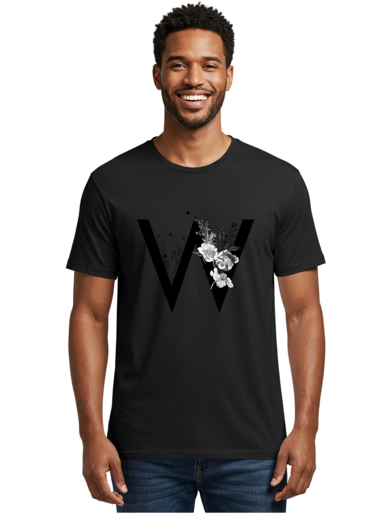 W Men'S Graphic Tee, 100% Cotton, Comfortable Casual Summer Wear, Machine Washable, Floral Letter W, Black And White Flowers, Elegant Design, Floral Theme, Typography, Artistic Lettering, Decorative Alphabet, Flowers And Stars Aac360 18