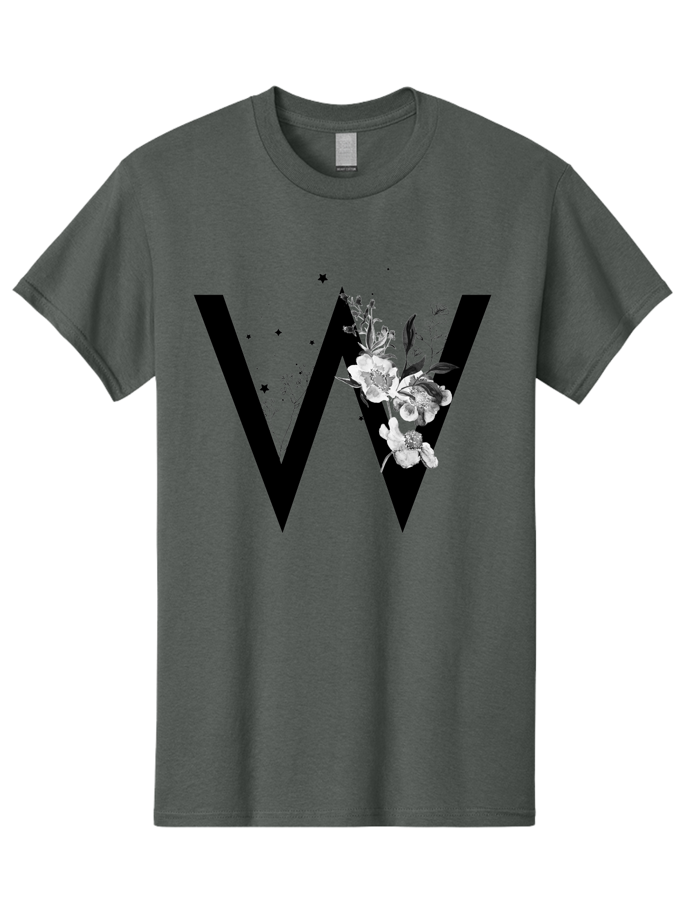 W Men'S Graphic Tee, 100% Cotton, Comfortable Casual Summer Wear, Machine Washable, Floral Letter W, Black And White Flowers, Elegant Design, Floral Theme, Typography, Artistic Lettering, Decorative Alphabet, Flowers And Stars Aac360 7
