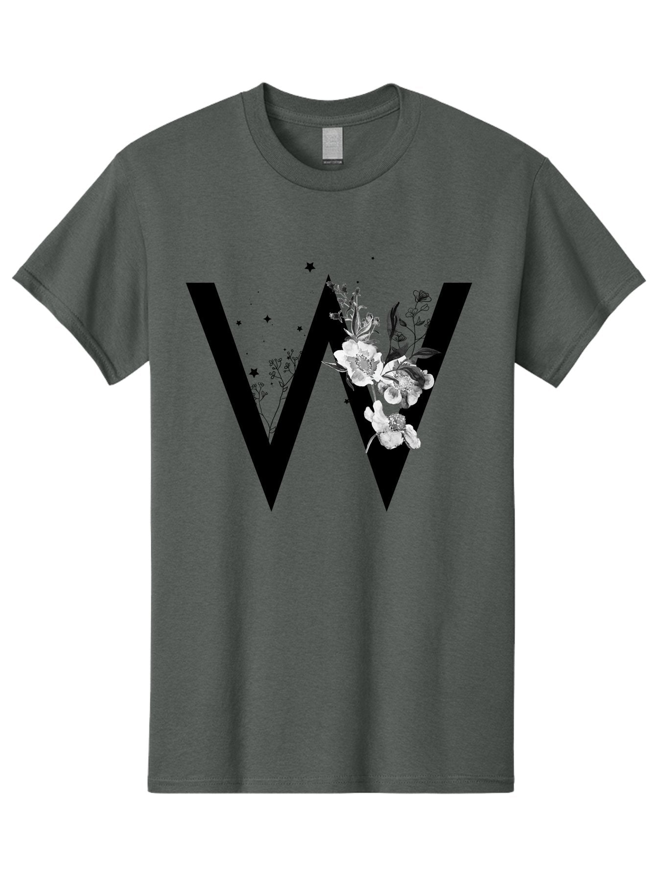 W Men'S Graphic Tee, 100% Cotton, Comfortable Casual Summer Wear, Machine Washable, Floral Letter W, Black And White Flowers, Elegant Design, Floral Theme, Typography, Artistic Lettering, Decorative Alphabet, Flowers And Stars Aac360 11