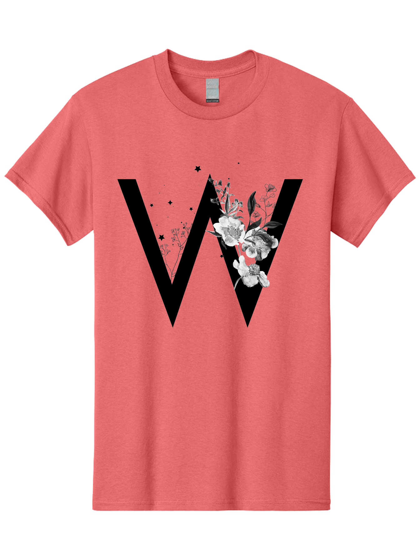 W Men'S Graphic Tee, 100% Cotton, Comfortable Casual Summer Wear, Machine Washable, Floral Letter W, Black And White Flowers, Elegant Design, Floral Theme, Typography, Artistic Lettering, Decorative Alphabet, Flowers And Stars Aac360 5