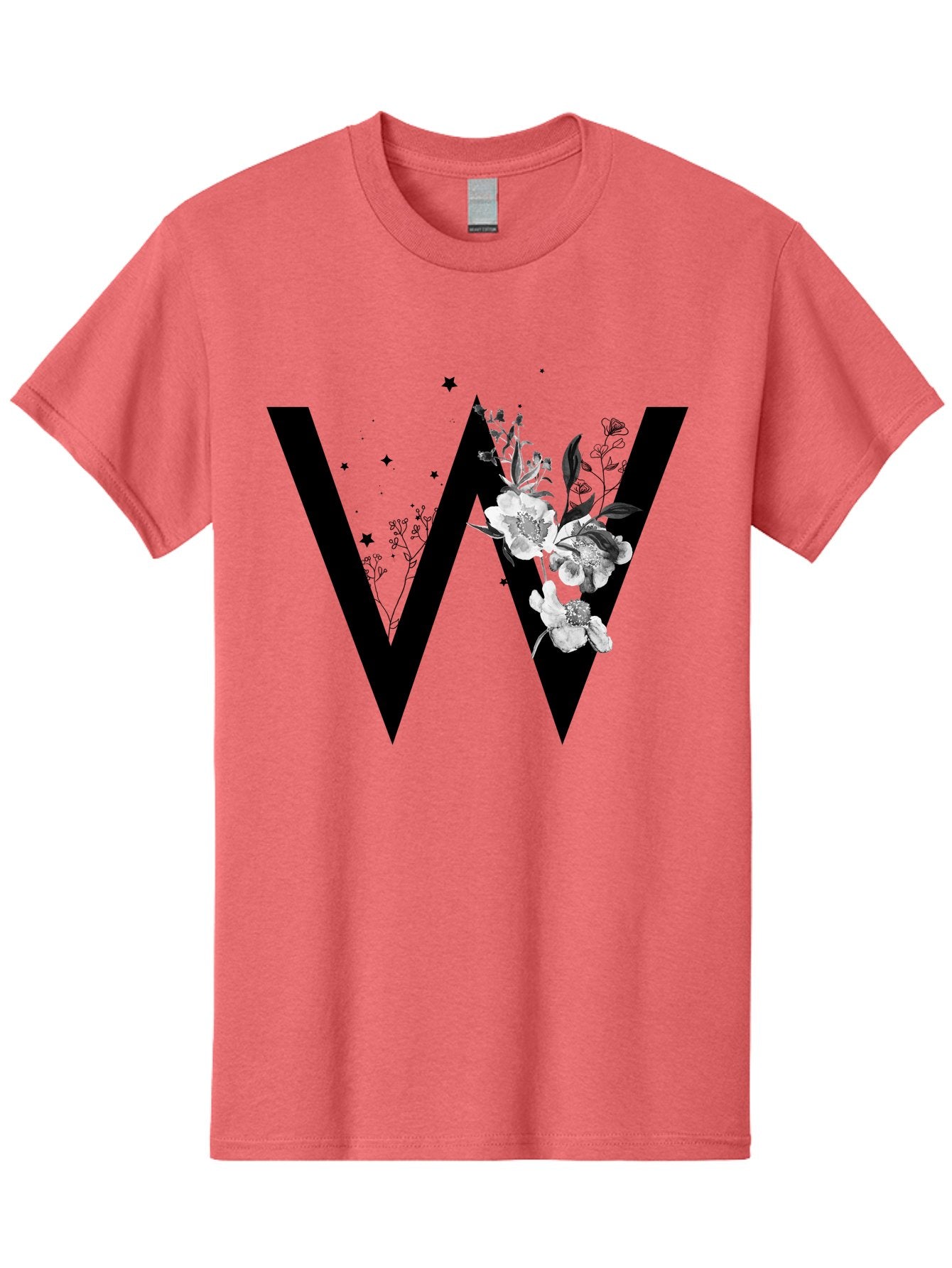 W Men'S Graphic Tee, 100% Cotton, Comfortable Casual Summer Wear, Machine Washable, Floral Letter W, Black And White Flowers, Elegant Design, Floral Theme, Typography, Artistic Lettering, Decorative Alphabet, Flowers And Stars Aac360 12