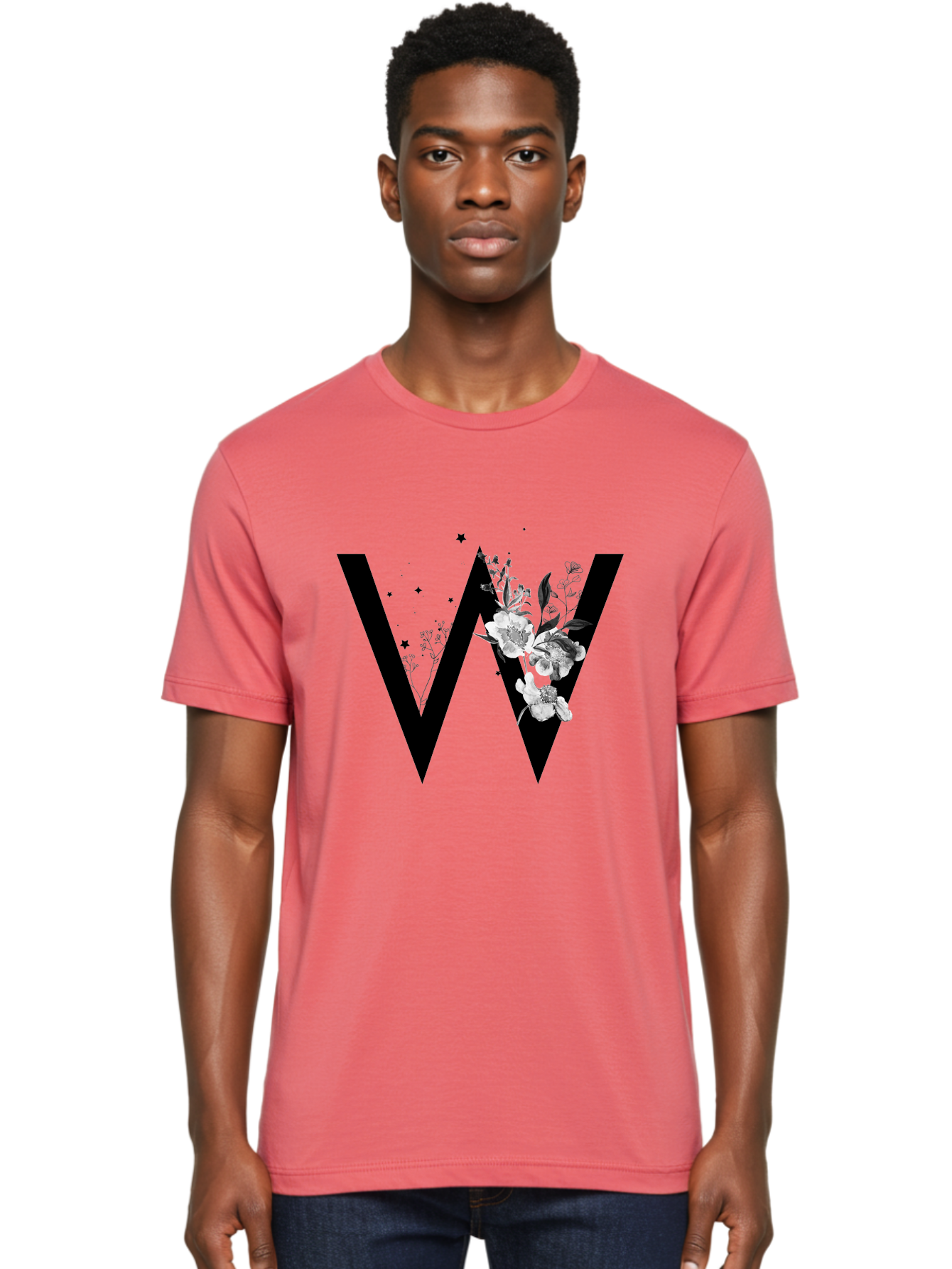 W Men'S Graphic Tee, 100% Cotton, Comfortable Casual Summer Wear, Machine Washable, Floral Letter W, Black And White Flowers, Elegant Design, Floral Theme, Typography, Artistic Lettering, Decorative Alphabet, Flowers And Stars Aac360 6