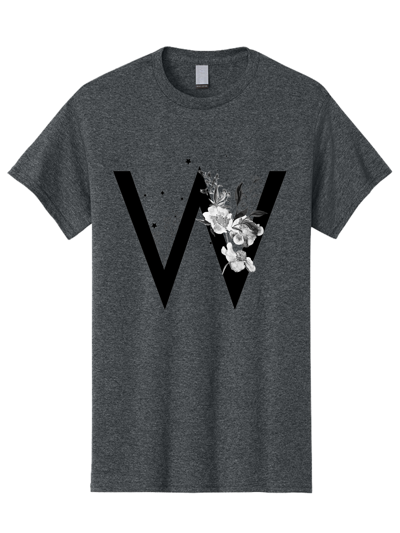 W Men'S Graphic Tee, 100% Cotton, Comfortable Casual Summer Wear, Machine Washable, Floral Letter W, Black And White Flowers, Elegant Design, Floral Theme, Typography, Artistic Lettering, Decorative Alphabet, Flowers And Stars Aac360 21