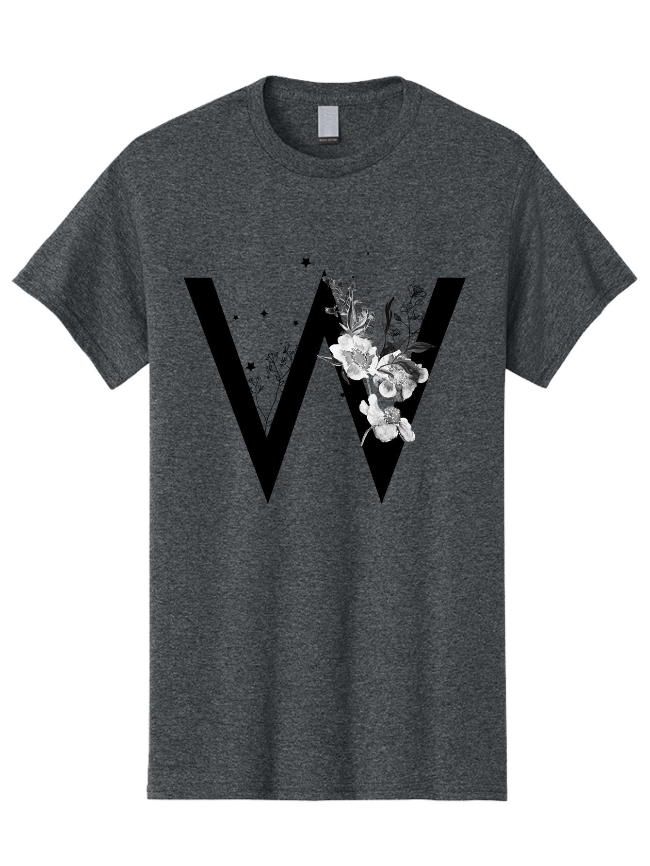 W Men'S Graphic Tee, 100% Cotton, Comfortable Casual Summer Wear, Machine Washable, Floral Letter W, Black And White Flowers, Elegant Design, Floral Theme, Typography, Artistic Lettering, Decorative Alphabet, Flowers And Stars Aac360