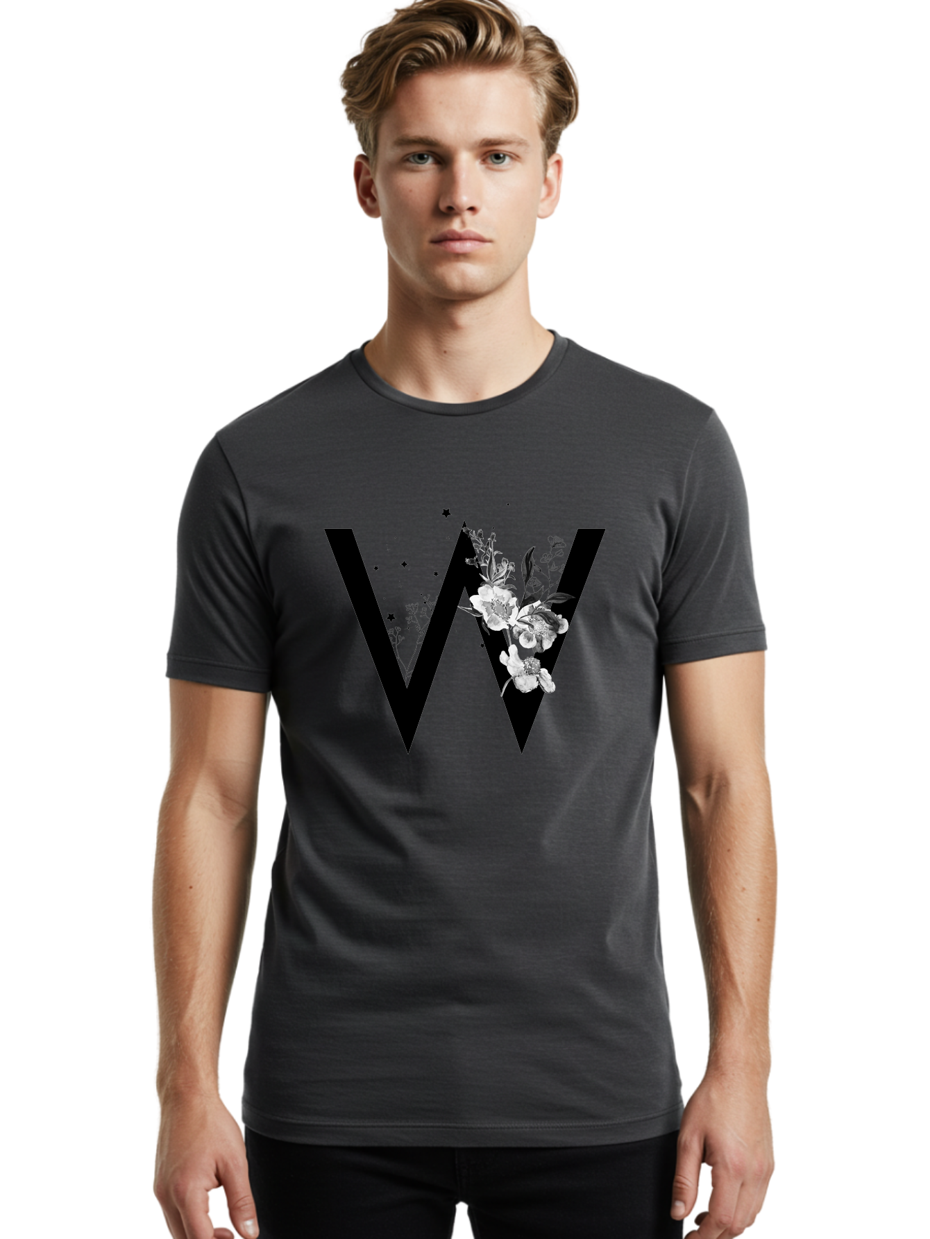W Men'S Graphic Tee, 100% Cotton, Comfortable Casual Summer Wear, Machine Washable, Floral Letter W, Black And White Flowers, Elegant Design, Floral Theme, Typography, Artistic Lettering, Decorative Alphabet, Flowers And Stars Aac360 22