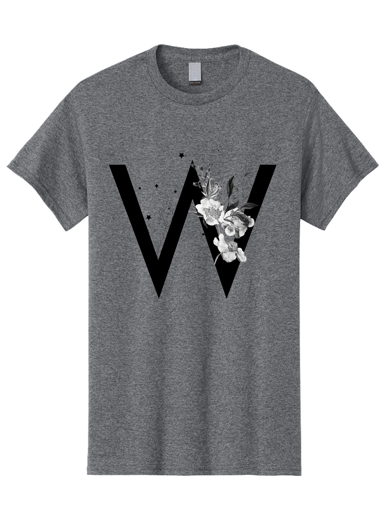 W Men'S Graphic Tee, 100% Cotton, Comfortable Casual Summer Wear, Machine Washable, Floral Letter W, Black And White Flowers, Elegant Design, Floral Theme, Typography, Artistic Lettering, Decorative Alphabet, Flowers And Stars Aac360 17