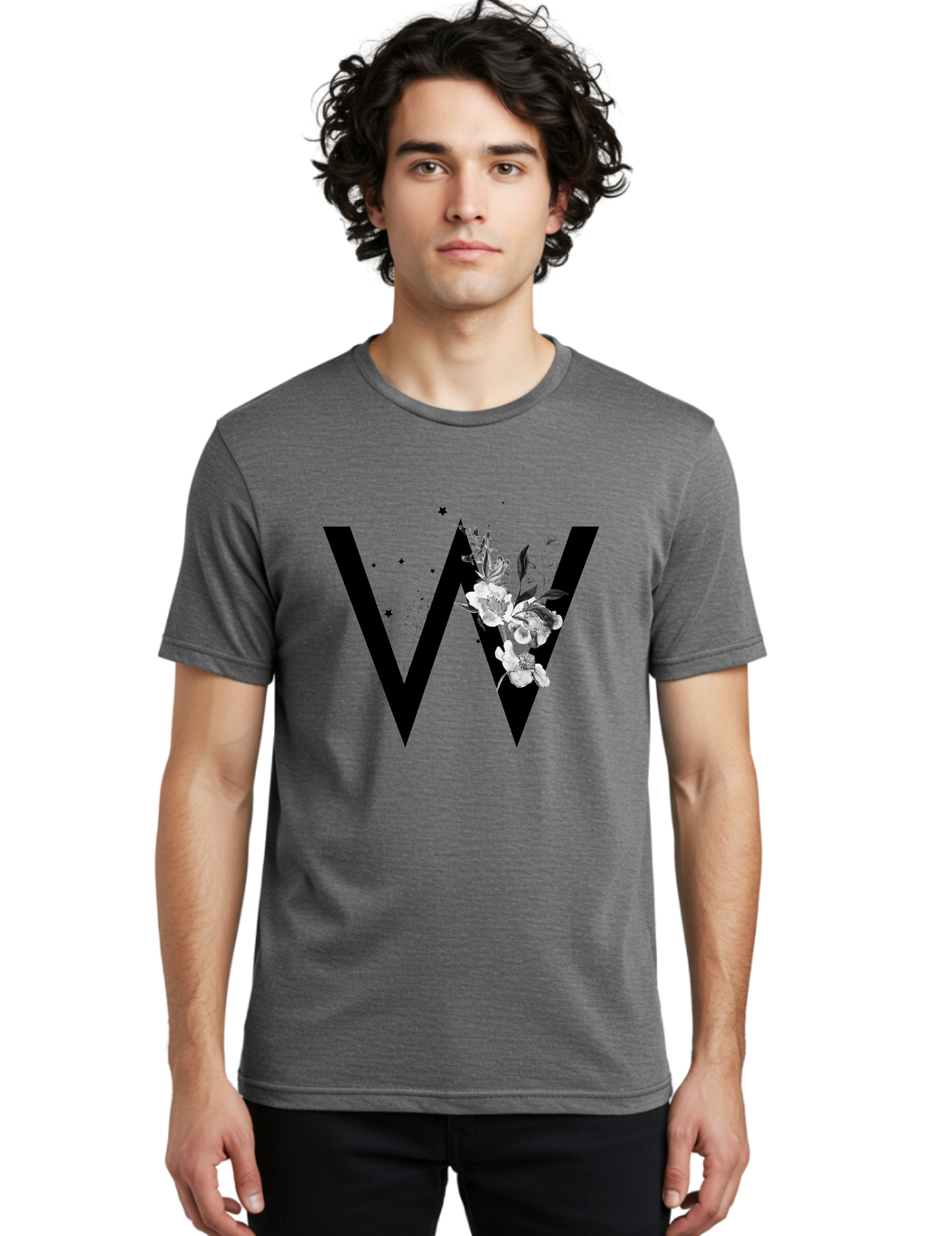 W Men'S Graphic Tee, 100% Cotton, Comfortable Casual Summer Wear, Machine Washable, Floral Letter W, Black And White Flowers, Elegant Design, Floral Theme, Typography, Artistic Lettering, Decorative Alphabet, Flowers And Stars Aac360 18