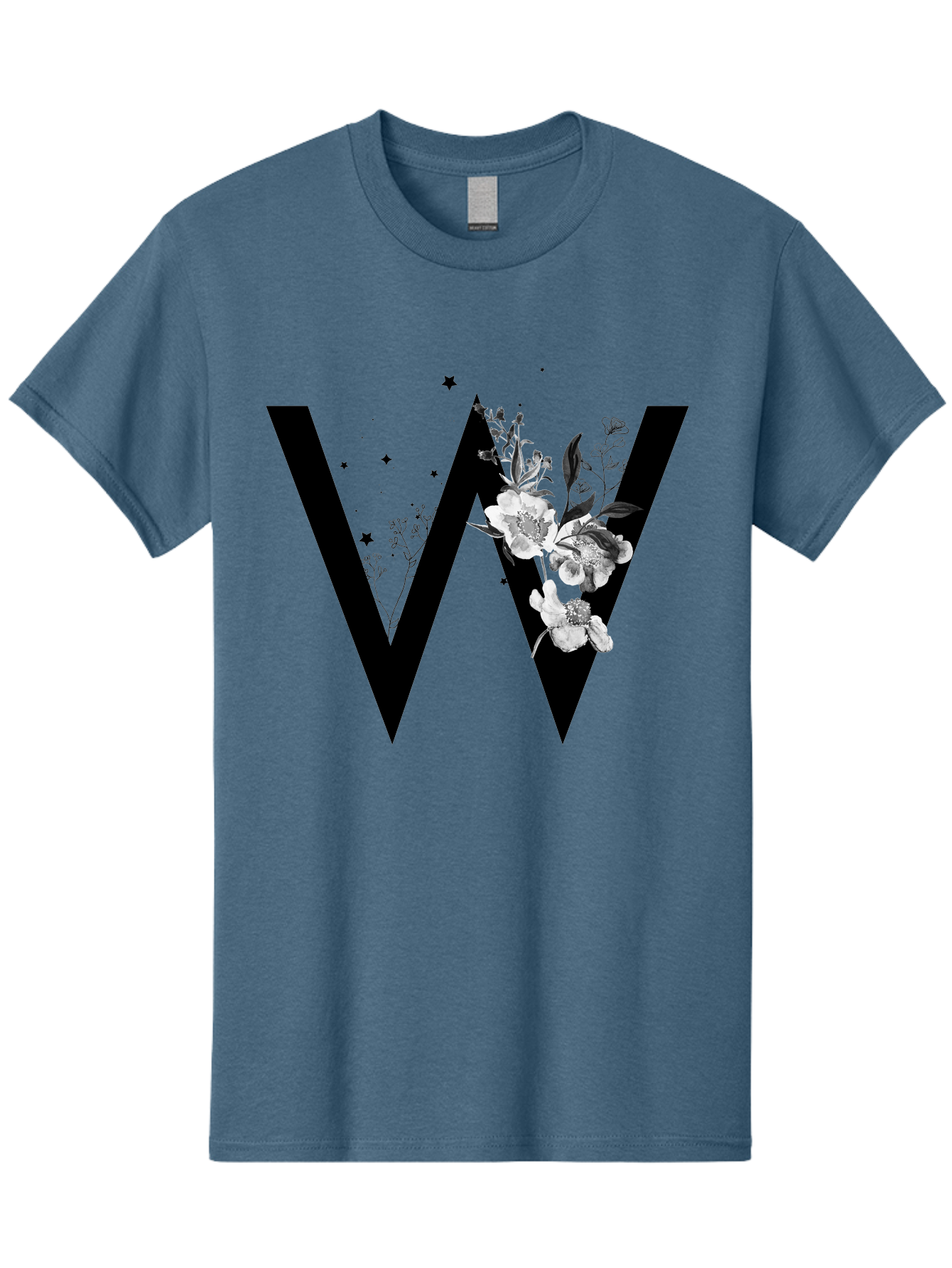 W Men'S Graphic Tee, 100% Cotton, Comfortable Casual Summer Wear, Machine Washable, Floral Letter W, Black And White Flowers, Elegant Design, Floral Theme, Typography, Artistic Lettering, Decorative Alphabet, Flowers And Stars Aac360 29