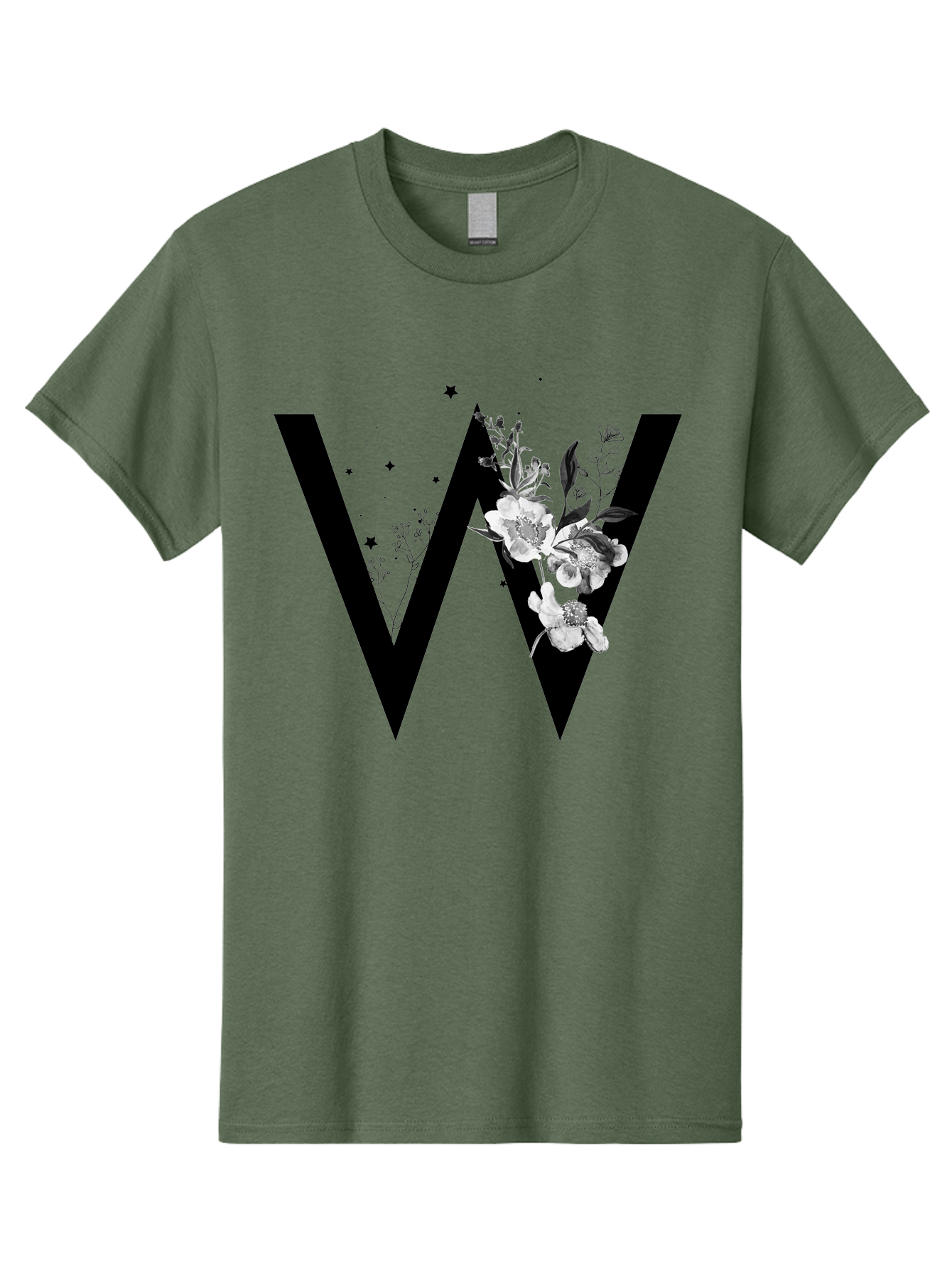 W Men'S Graphic Tee, 100% Cotton, Comfortable Casual Summer Wear, Machine Washable, Floral Letter W, Black And White Flowers, Elegant Design, Floral Theme, Typography, Artistic Lettering, Decorative Alphabet, Flowers And Stars Aac360 27