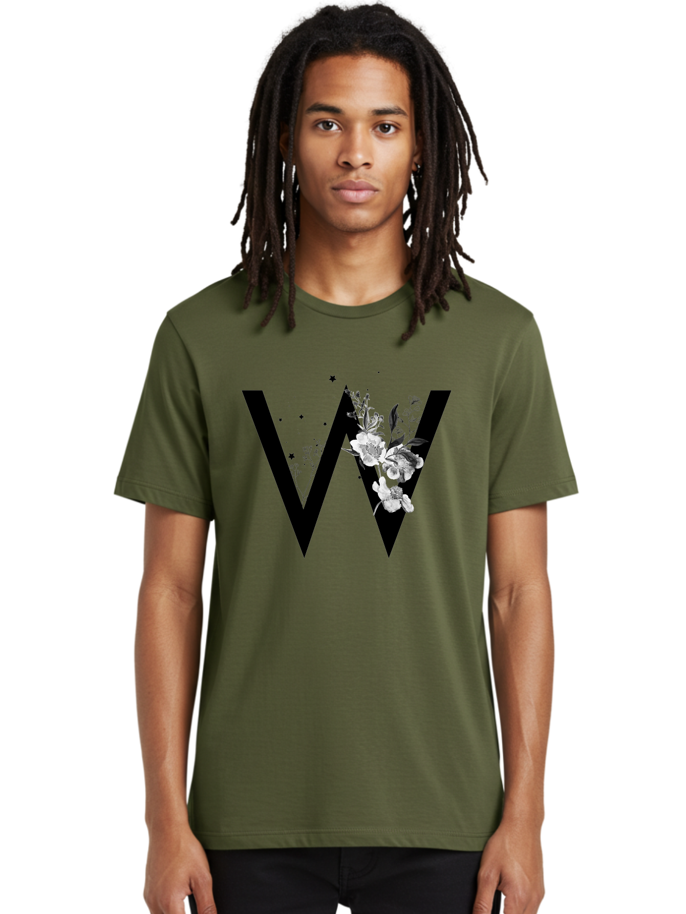 W Men'S Graphic Tee, 100% Cotton, Comfortable Casual Summer Wear, Machine Washable, Floral Letter W, Black And White Flowers, Elegant Design, Floral Theme, Typography, Artistic Lettering, Decorative Alphabet, Flowers And Stars Aac360 28