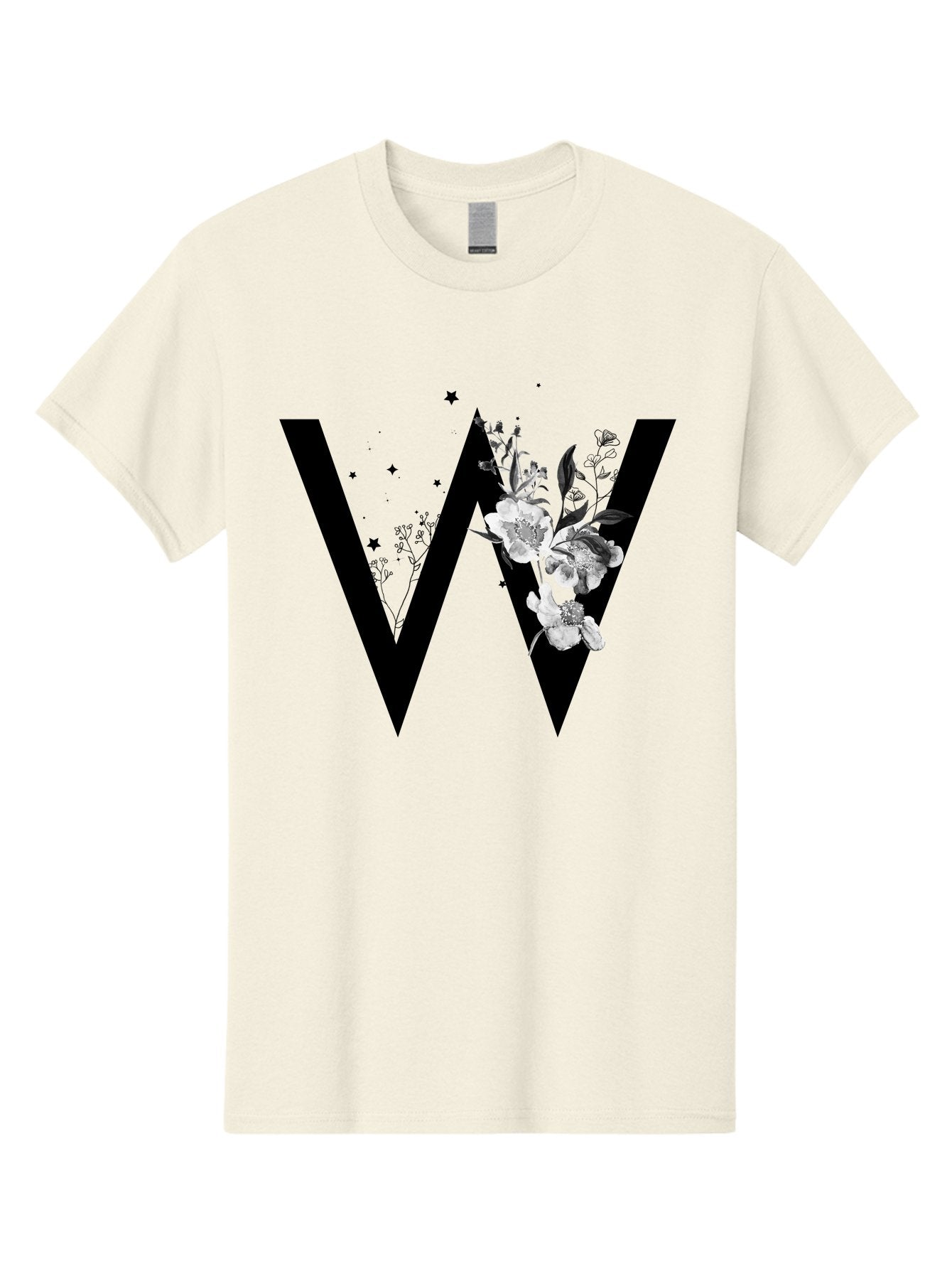 W Men'S Graphic Tee, 100% Cotton, Comfortable Casual Summer Wear, Machine Washable, Floral Letter W, Black And White Flowers, Elegant Design, Floral Theme, Typography, Artistic Lettering, Decorative Alphabet, Flowers And Stars Aac360 9