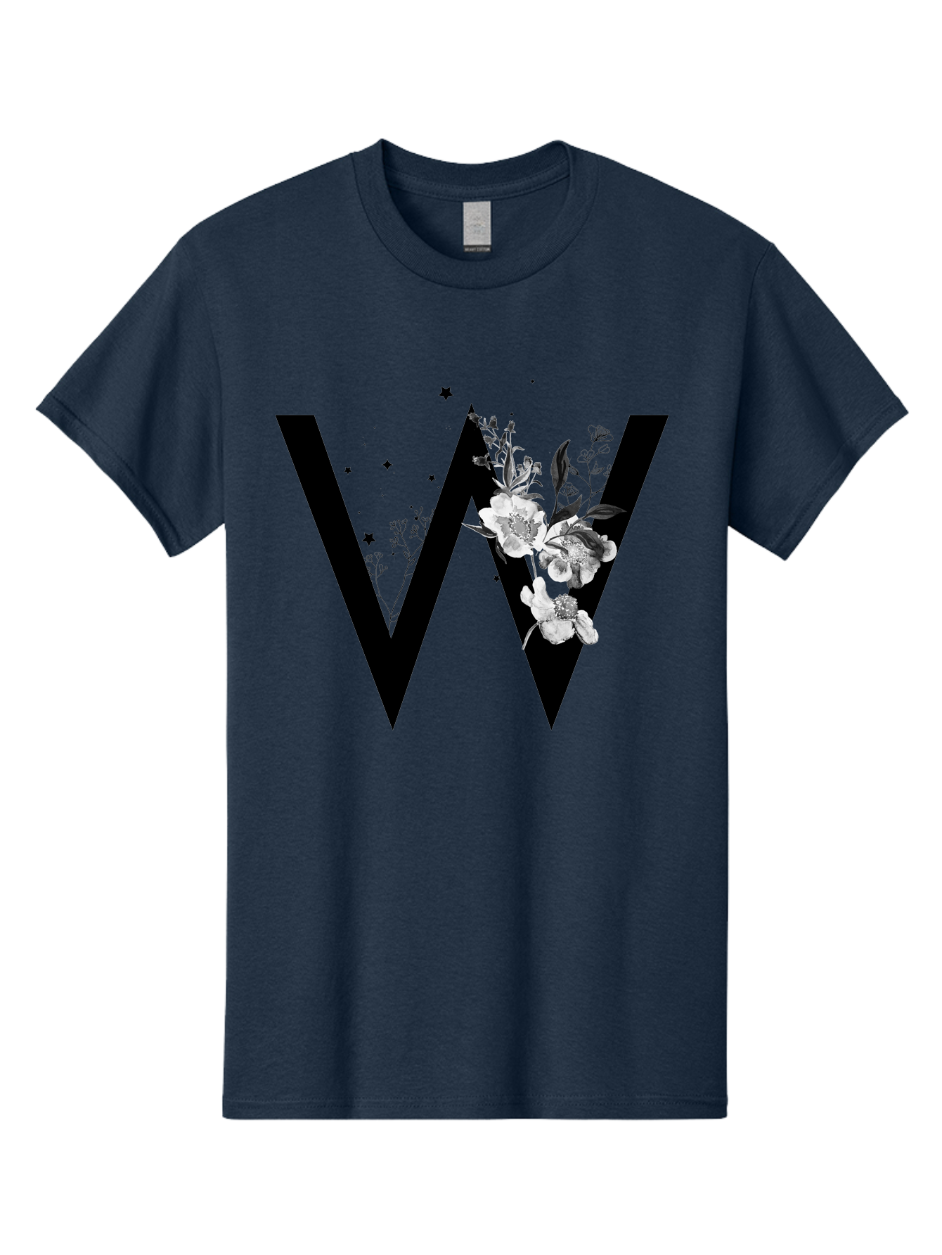 W Men'S Graphic Tee, 100% Cotton, Comfortable Casual Summer Wear, Machine Washable, Floral Letter W, Black And White Flowers, Elegant Design, Floral Theme, Typography, Artistic Lettering, Decorative Alphabet, Flowers And Stars Aac360 25