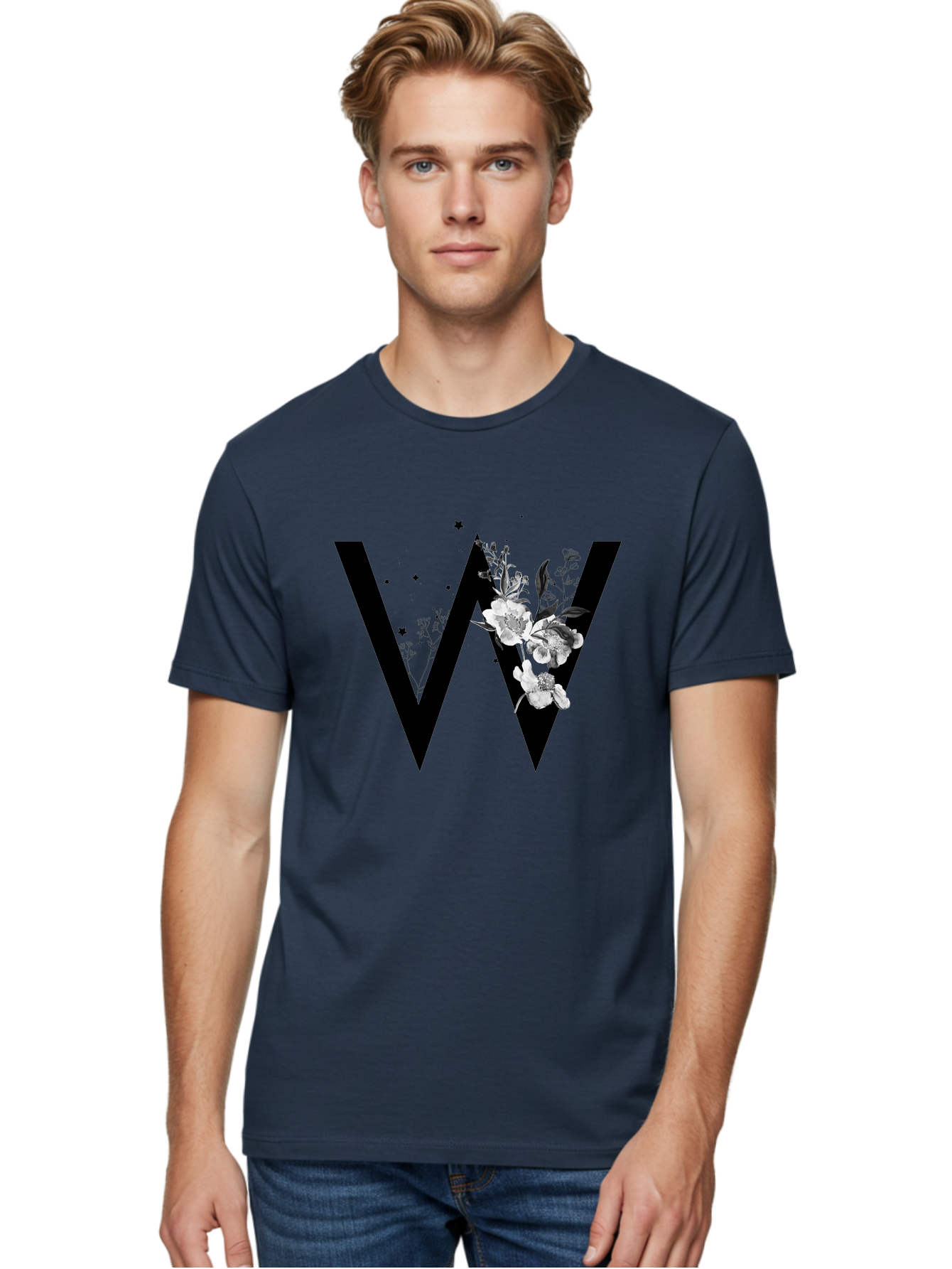 W Men'S Graphic Tee, 100% Cotton, Comfortable Casual Summer Wear, Machine Washable, Floral Letter W, Black And White Flowers, Elegant Design, Floral Theme, Typography, Artistic Lettering, Decorative Alphabet, Flowers And Stars Aac360 26