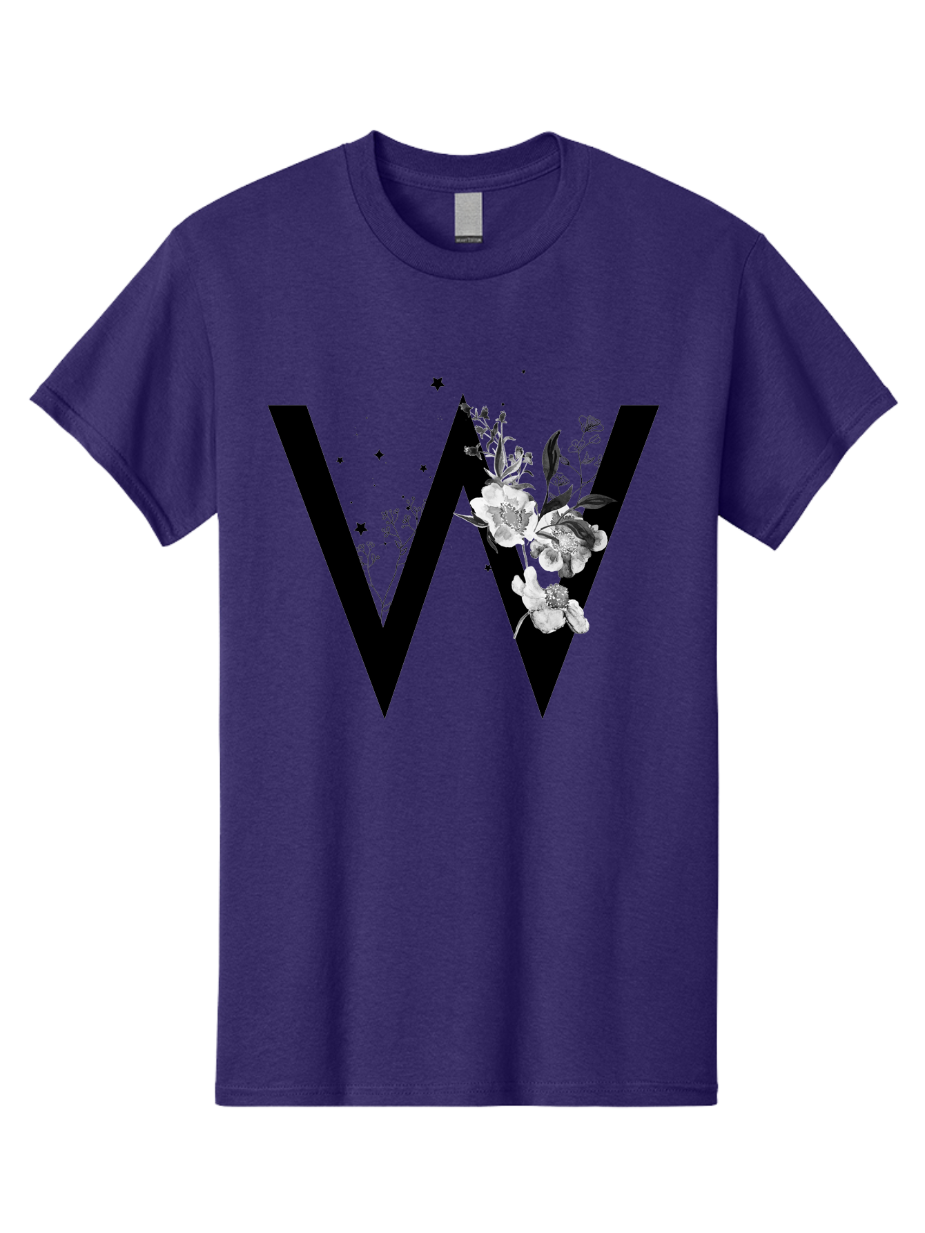 W Men'S Graphic Tee, 100% Cotton, Comfortable Casual Summer Wear, Machine Washable, Floral Letter W, Black And White Flowers, Elegant Design, Floral Theme, Typography, Artistic Lettering, Decorative Alphabet, Flowers And Stars Aac360 19