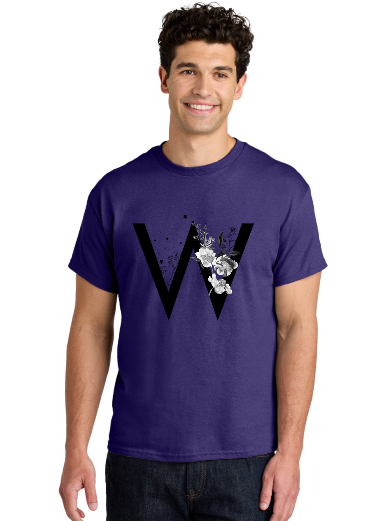 W Men'S Graphic Tee, 100% Cotton, Comfortable Casual Summer Wear, Machine Washable, Floral Letter W, Black And White Flowers, Elegant Design, Floral Theme, Typography, Artistic Lettering, Decorative Alphabet, Flowers And Stars Aac360 21