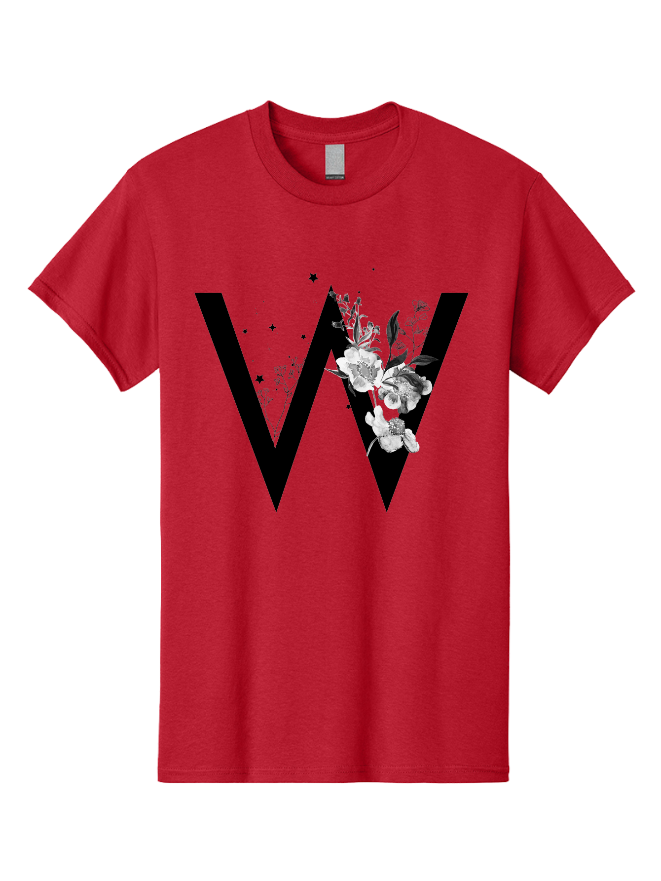 W Men'S Graphic Tee, 100% Cotton, Comfortable Casual Summer Wear, Machine Washable, Floral Letter W, Black And White Flowers, Elegant Design, Floral Theme, Typography, Artistic Lettering, Decorative Alphabet, Flowers And Stars Aac360 11