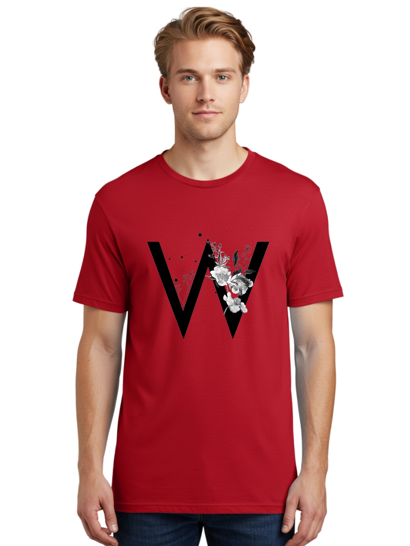 W Men'S Graphic Tee, 100% Cotton, Comfortable Casual Summer Wear, Machine Washable, Floral Letter W, Black And White Flowers, Elegant Design, Floral Theme, Typography, Artistic Lettering, Decorative Alphabet, Flowers And Stars Aac360 12